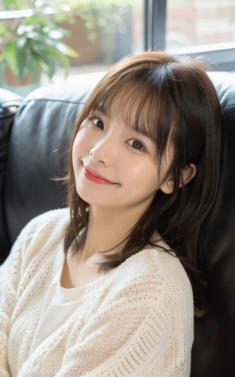 (The photo is real:1.4), (Surreal:1.4), (Soft Light:1.05), 1 Girl, Cafe, Smile a little, Clean Beauty, 22 years old, Soft Light, Backlight, (最high quality real texture skin:1.2), The face is very delicate, Shiny skin, retina, Anatomically correct, Acura, Super Detail, high quality, High detail, 最high quality, High resolution, Holiday Morning, Sitting on the couch, relax, Medium length hair swaying in the wind,