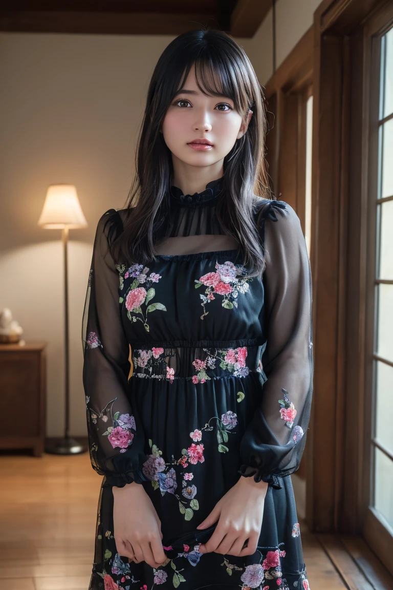 (Highest quality:1.4),(masterpiece:1.4),(Realistic:1.4),(Realistic:1.2),(超High resolution, RAW Photos:1.4),(High resolution, Ultra-detailed:1.2),(8K:1.2),View your viewers,Cinematic photography,Black Hair,One girl,((Floral Dress,View from the front)),skeletally correct,(Western-style building interior,Dimly lit room,The lamplight shines on my cheeks)
