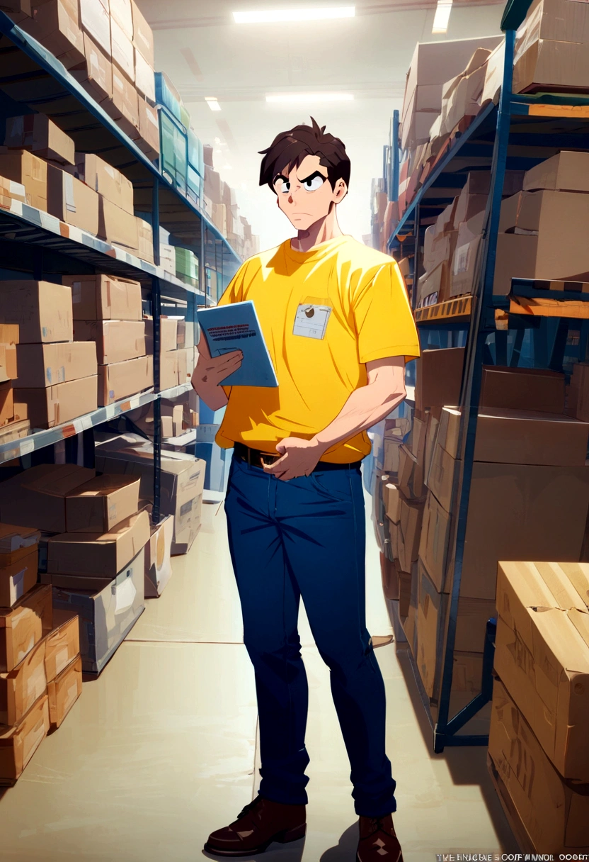 Company boy yellow shirt blue jeans warehouse manager the warehouse manager strong warehouseman unmatched Animated Title the warehouse Coppel Coppel employee Movie cover Animation Animated Cartoons