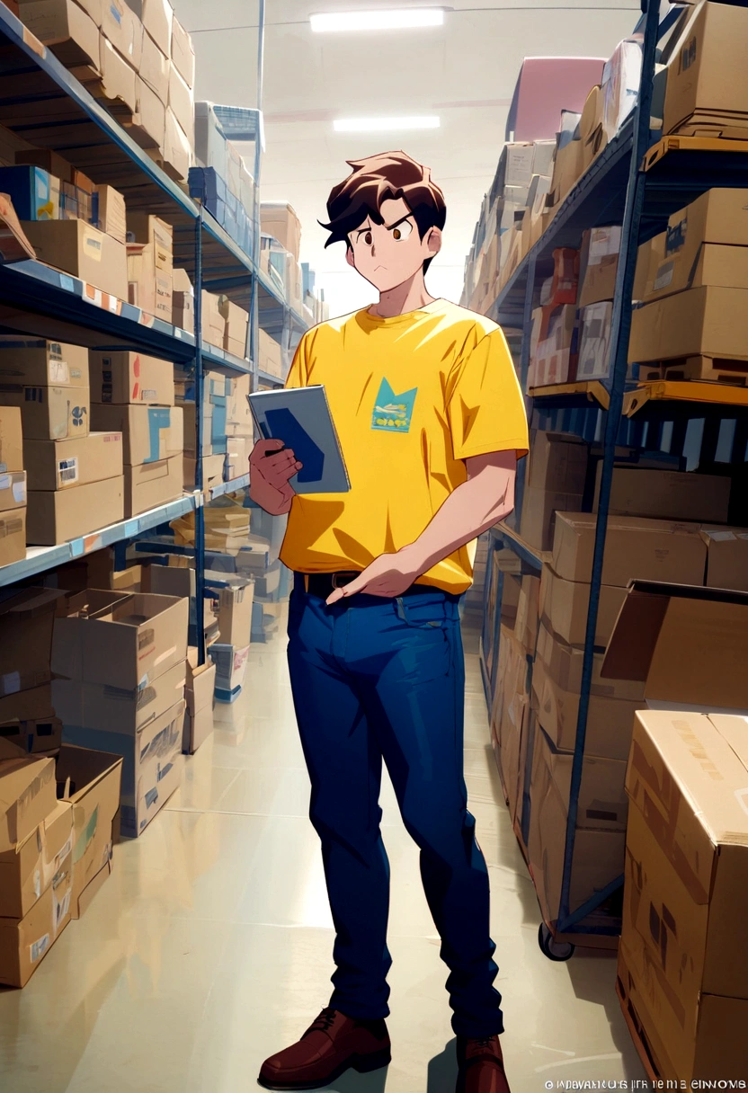 Company boy yellow shirt blue jeans warehouse manager the warehouse manager strong warehouseman unmatched Animated Title the warehouse Coppel Coppel employee Movie cover Animation Animated Cartoons