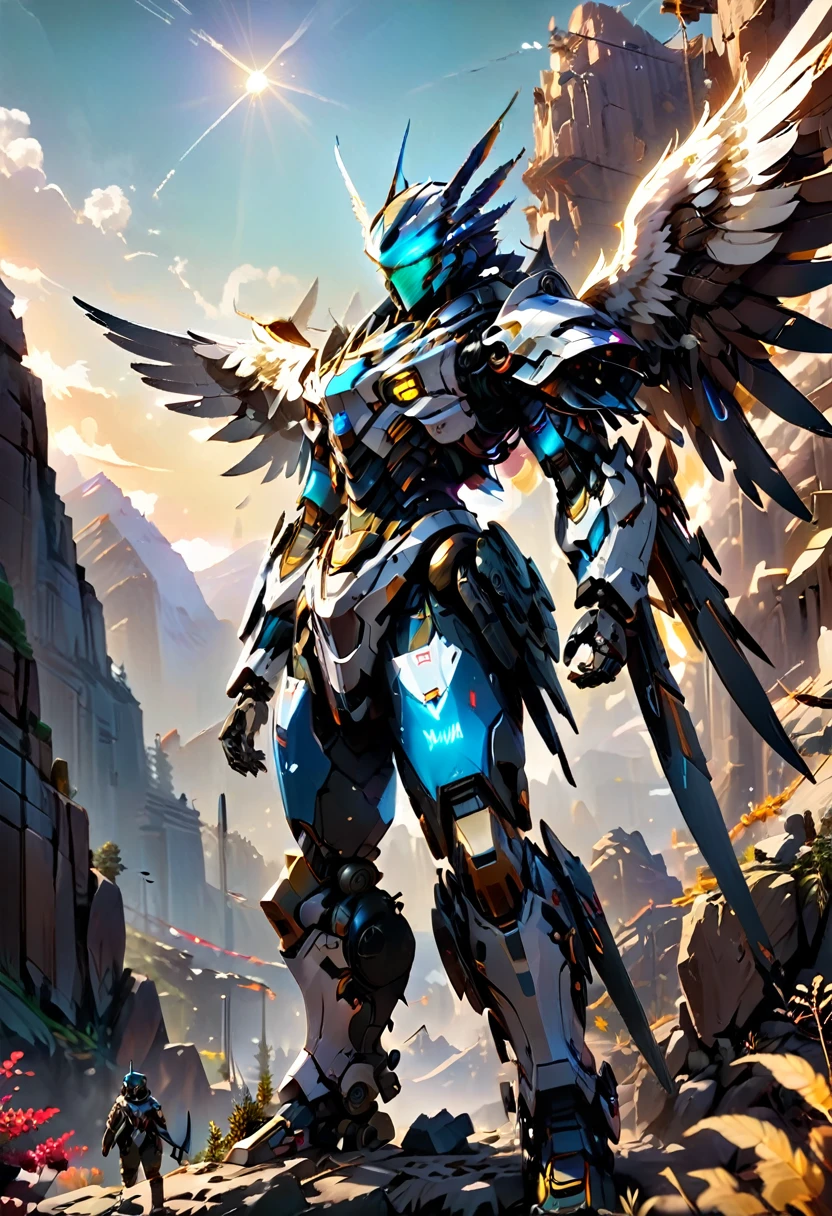 Here is a generated image prompt based on your description:
**Image Prompt:**
"A futuristic Apache warrior, clad in a sleek mecha suit, stands proudly on a mountain cliffside, with a majestic eagle drone perched on his shoulder. The mecha's metallic body is adorned with intricate details and glowing blue accents, while the eagle drone's wings are spread wide, as if ready to take flight. The background is a stunning mountain range, with rugged peaks and valleys stretching out as far as the eye can see. The lighting is dramatic, with the warm glow of the setting sun casting long shadows across the landscape. The bokeh effect is subtle, with a soft focus on the mecha and the eagle drone, while the background is blurred, creating a sense of depth and dimensionality. The overall effect is one of hyper-realism, with every detail meticulously rendered in high-definition."
**Image Specifications:**
* Resolution: 3840x2160 pixels (4K)
* Color Palette: Metallic blues and silvers, with warm earth tones and pops of bright colors from the mecha's details and the eagle drone's feathers
* Style: Hyper-realistic, futuristic, and dramatic
* Composition: The Apache warrior is centered in the frame, with the mountain cliffside stretching out behind him
* Lighting: Dramatic, with a focus on the warm glow of the setting sun
* Mood: Powerful, majestic, and awe-inspiring
* Camera: DSLR camera with a wide-angle lens, capturing the stunning vista of the mountain range in the background
This image prompt combines the rich cultural heritage of the Apache people with the futuristic design of a mecha suit and the majestic beauty of an eagle drone. The result is a hyper-realistic image that is both visually stunning and emotionally impactful.