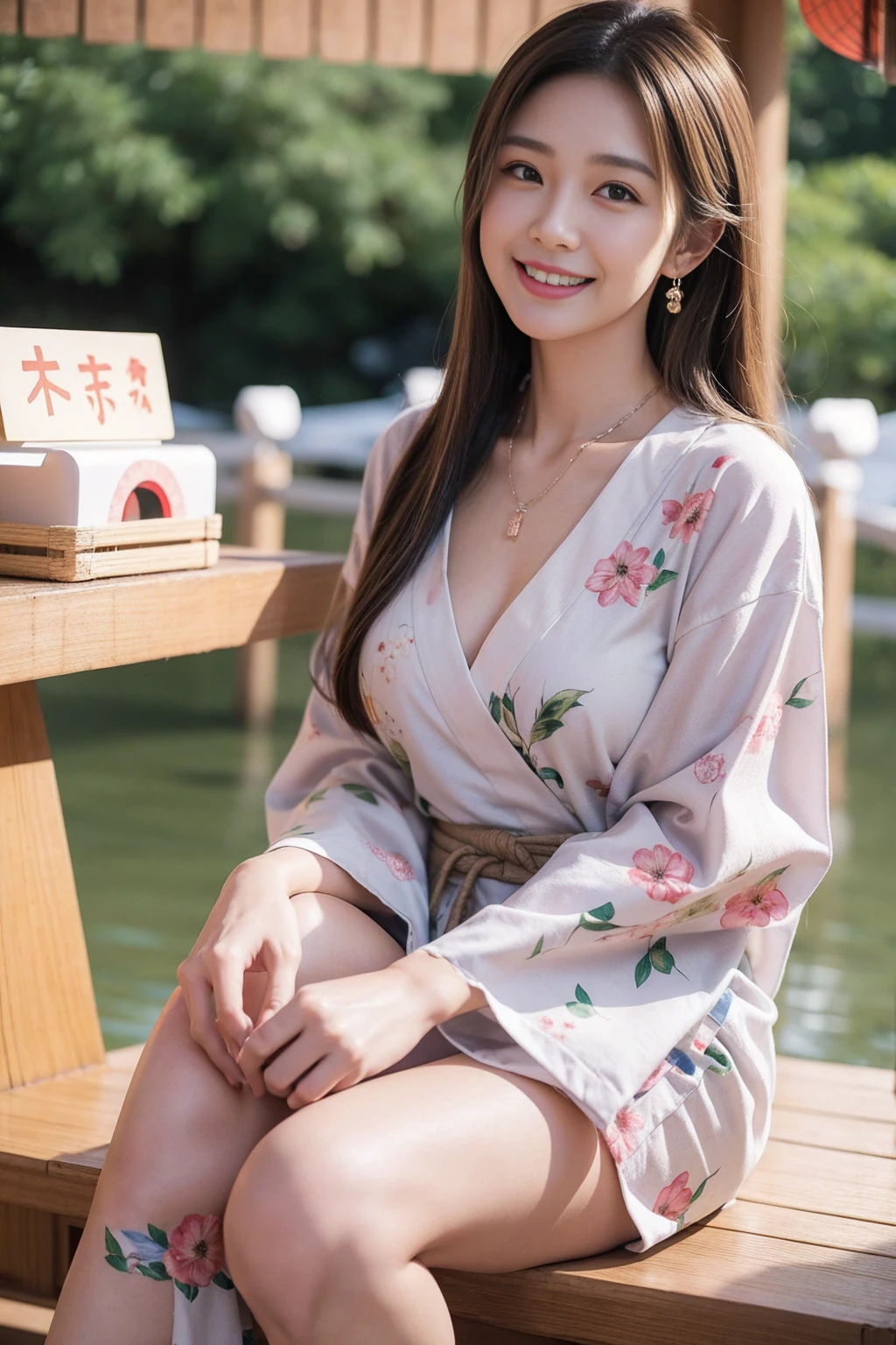 Highest quality,8K, Detailed facial depiction, Detailed description of the eyes,One Woman, Light brown hair(Medium-long hair),Beautiful Japanese Girl,24-years-old,Cute eyes,Cute Smile,Yukata beauty,Brown plain yukata,Slender body, Large, plump breast size, Long and beautiful legs,Smiling, Colorful earrings,necklace,Are standing,Beautiful nape,Japanese Summer Festivals,There are food stalls
