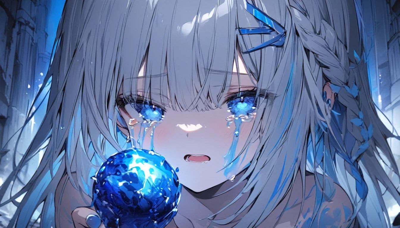 Resolution full, fireball,  nude, only eyes, only showing eyes, focus eyes, focus at girl eyes, just girl face, very accurate, best quality, masterpiece,  cinematic lighting, full HD, very sharpener, best art, very accurate, beautiful girl, pretty girl, cute girl, young girl, medium breast, The girl's hand holding blue fireball, open mouth, top body, (grey hair), long hair, Braid hair, ahoge hair, straight hair, straight hair bangs, beautiful hair and bangs hair, grey hair, hair clip, hair ribbon, Tears, crying, (bright blue eyes, glowing blue, eyes, detailed beautiful blue eyes), glowing blue tattoo at girl face, glowing blue tatto at girl face, hands girl holding fireball, girl kneeling, at ancient ruins