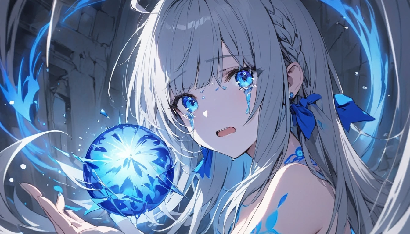 Resolution full, fireball, nude, only eyes, only showing eyes, focus eyes, focus at girl eyes, just girl face, very accurate, best quality, masterpiece, cinematic lighting, full HD, very sharpener, best art, very accurate, beautiful girl, pretty girl, cute girl, young girl, medium breast, The girl's hand holding blue fireball, open mouth, top body, (grey hair), long hair, Braid hair, ahoge hair, straight hair, straight hair bangs, beautiful hair and bangs hair, grey hair, hair clip, hair ribbon, Tears, crying, (bright blue eyes, glowing blue, eyes, detailed beautiful blue eyes), glowing blue tattoo at girl face, glowing blue tatto at girl face, hands girl holding fireball, girl kneeling, at ancient ruins
