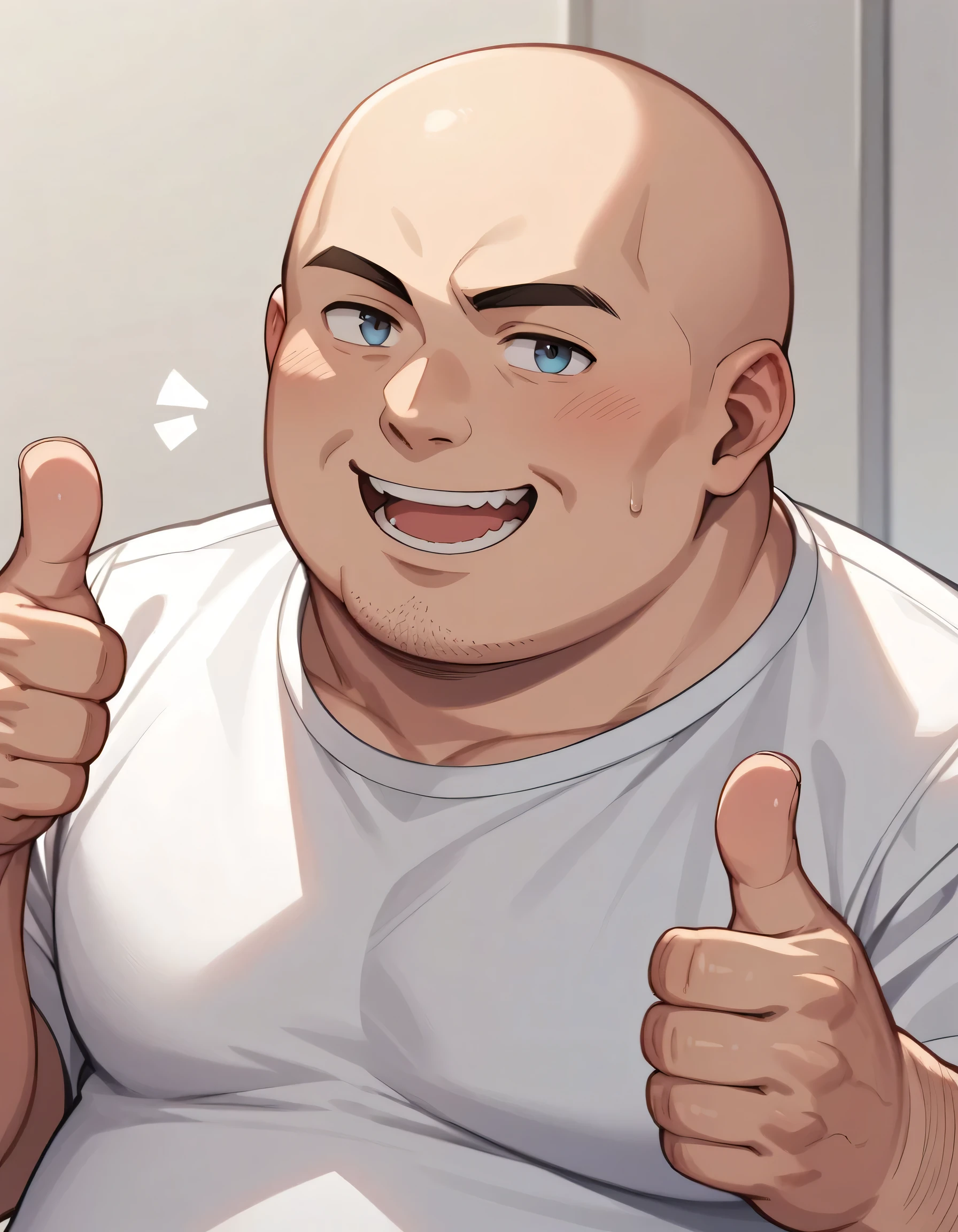 score_9, score_8_up, score_7_up, source_anime, anime screencap,0ss4npr3ss, ossan, large obese male, white shirt, bald, smile, close-up of smile, faceless male,  upper body, thumbs up
