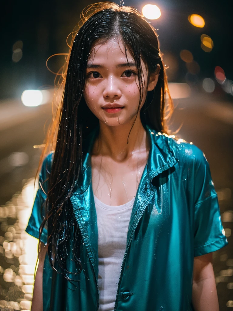songkran,Wet roads , soaked through,drenched, Dripping, Wet Face,Wet clothes, Wet Skin, Wet Hair,A young woman with a cute face like an idol,chest,((Daytime)),(Cinema lighting),(High level of artistry),RAW Photos,Genuine,Genuine,High resolution,RAW Photos,masterpiece, beautiful