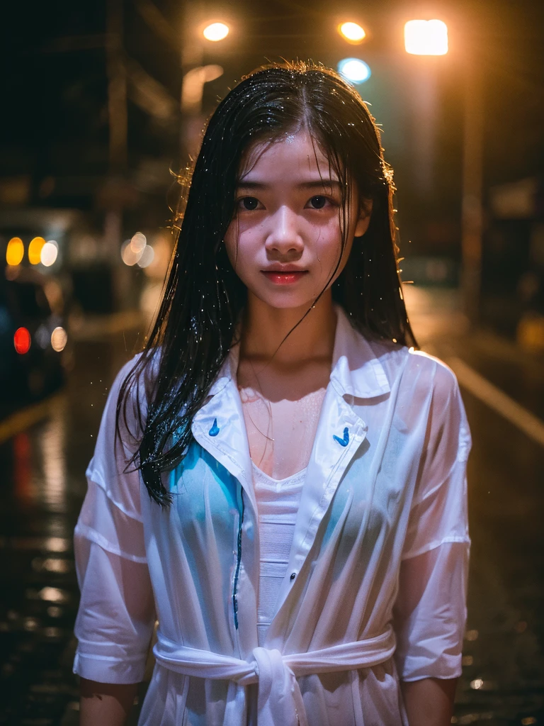songkran,Wet roads , soaked through,drenched, Dripping, Wet Face,Wet clothes, Wet Skin, Wet Hair,A young woman with a cute face like an idol,chest,((Daytime)),(Cinema lighting),(High level of artistry),RAW Photos,Genuine,Genuine,High resolution,RAW Photos,masterpiece, beautiful