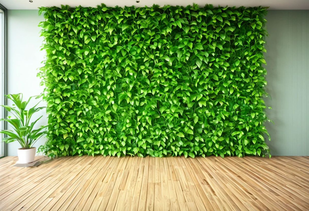 a wooden floor with a green wall and a wooden floor, Digital rendering by senior artist., shutter stock, visual arts, The walls are covered with vines., green wall, verdant plants green wall, greenery wall, green floor, green walls, Liana on the wall, There is a big tree in the background., cluttered background, living room wall background, growing greenery
