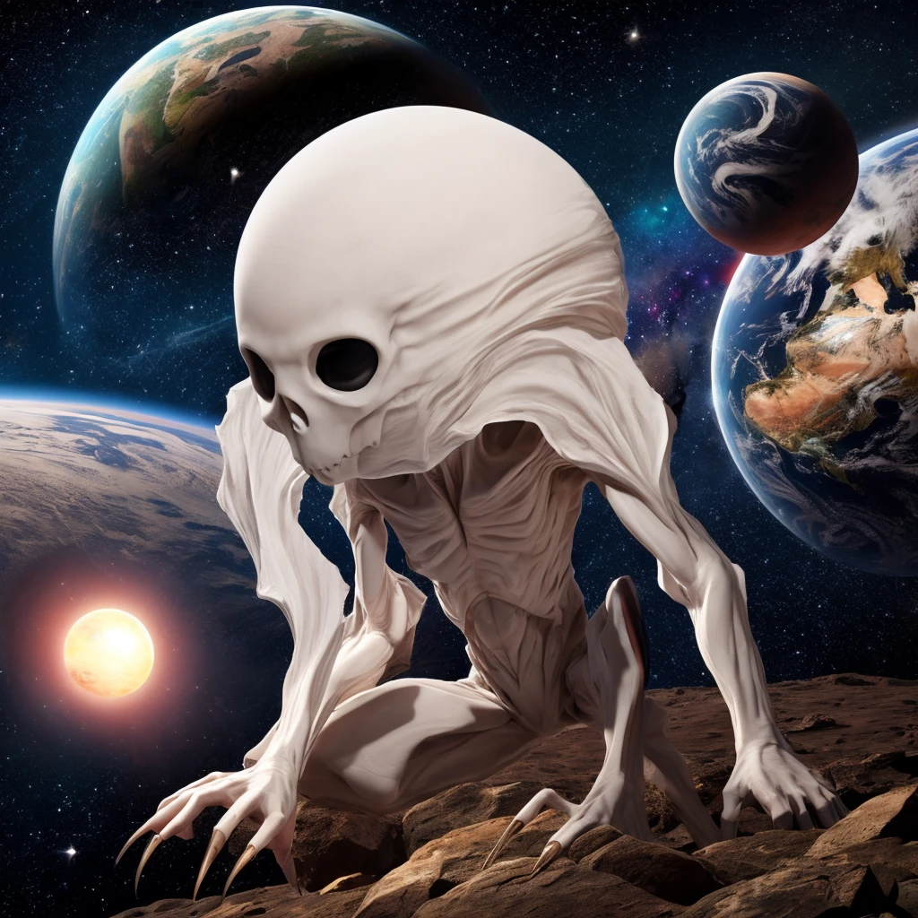 A humanoid figure in a fetal position ,Pale skin,Hollow nose, his hands are elongated and he has pointed claws, he is skinny almost malnourished, skinny arms too, completely black and round eyes, no hair and a round head, in the background you can see the Outer space and the occasional planet,The humanoid is 2 meters tall and is floating in space.