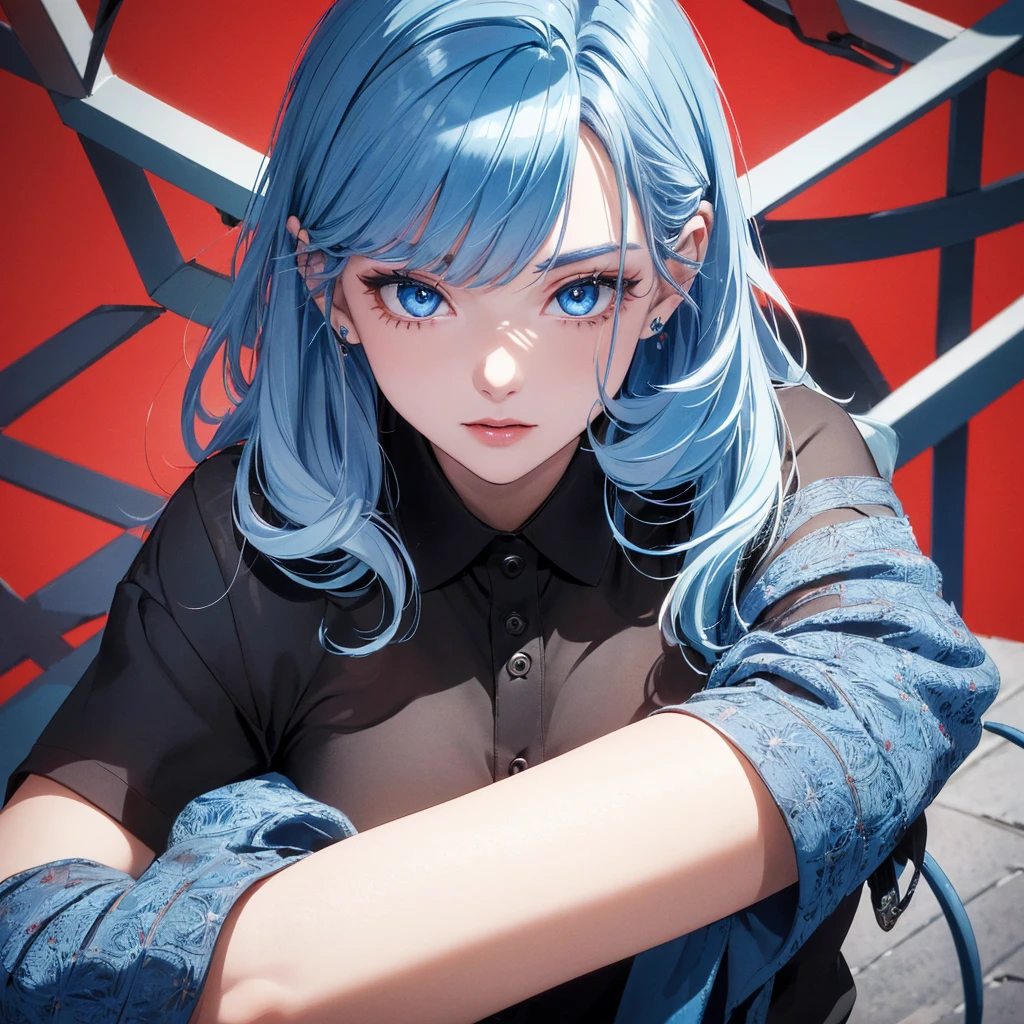 absurderes, ultra-detailliert,bright colour,(in 8K:1.3),masuter piece,extremely beautiful detailed face and eyes, 25 years old,(Smooth straight blue hair), (Shiny long hair),(Pattsun bangs), (Deep blue eyes) Delicate beautiful face, red blush, (wearing black polo), Nice Spot.