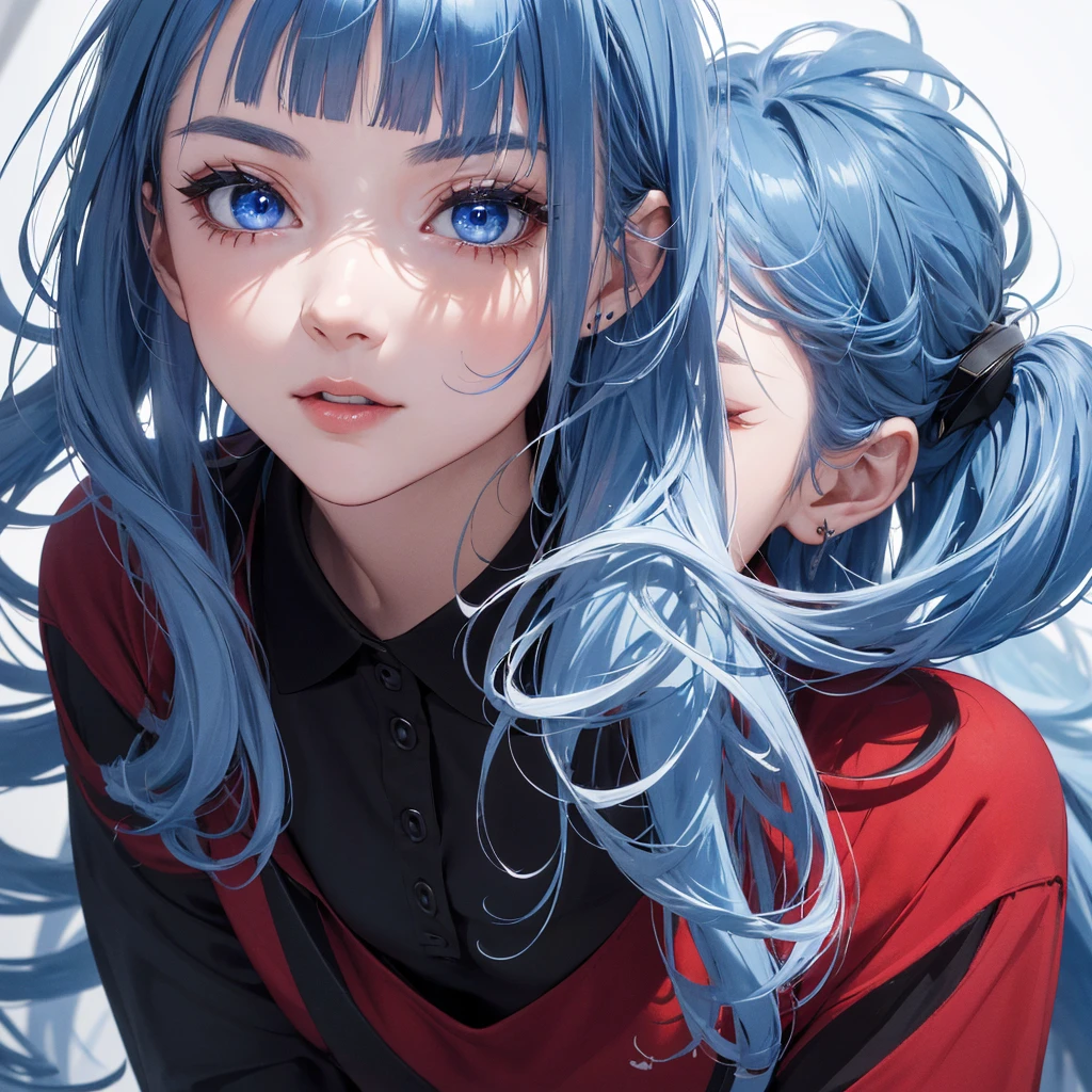 absurderes, ultra-detailliert,bright colour,(in 8K:1.3),masuter piece,extremely beautiful detailed face and eyes, 25 years old,(Smooth straight blue hair), (Shiny long hair),(Pattsun bangs), (Deep blue eyes) Delicate beautiful face, red blush, (wearing black polo), Nice Spot.