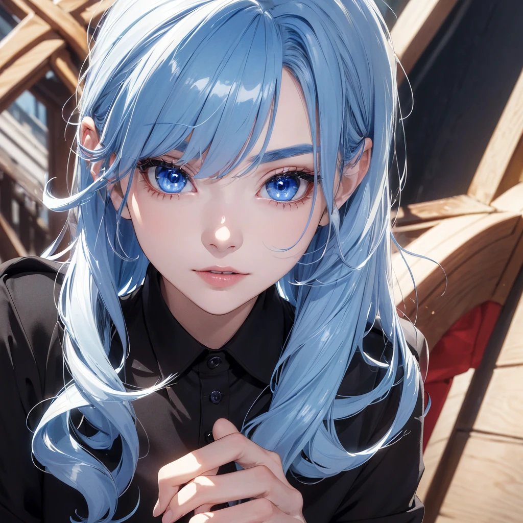 absurderes, ultra-detailliert,bright colour,(in 8K:1.3),masuter piece,extremely beautiful detailed face and eyes, 25 years old,(Smooth straight blue hair), (Shiny long hair),(Pattsun bangs), (Deep blue eyes) Delicate beautiful face, red blush, (wearing black polo), Nice Spot.