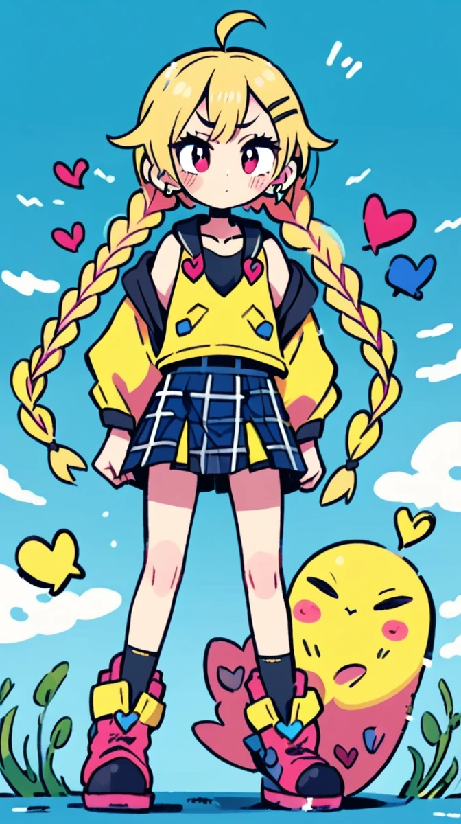 teenager of average height, thin but muscular, and is much smaller in stature than the previous JoJos. She has moderately long golden hair tied back in a short, braided ponytail., with three distinctive oversized curls arranged in a row over his forehead.wears a two-piece suit with a plaid skirt and various ornamental features including wing-shaped emblems on the collar and a heart-shaped opening in the chest area. The most distinctive feature of her suit is the three ladybug emblems located on each side of her chest and directly below her zipper., that match the appearance of your Stand. Later, His shoes also carry the same ladybug emblem.. Wear a small earring in each ear.