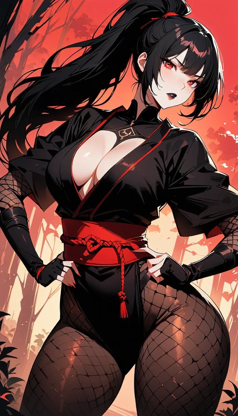 (high quality, 8k, 4K, high contrast, artwork:1.2, high quality, best aesthetics), (dynamic angle), ((1 woman)), erotic, sensual, mature body, super detailed, beautiful face detailed, beautiful eyes detailed, detailed beautiful mouth, sexy body, perfect breats, perfect wide thighs, black hair, short black hair, ponytail hair, red eyes, serious facial expression, women's black ninja kimono with red clouds printed, black fishnet pantyhose, black lipstick, kunoichi, ninja girl, forest, standing, erect posture, centralized, looking at the viewer.