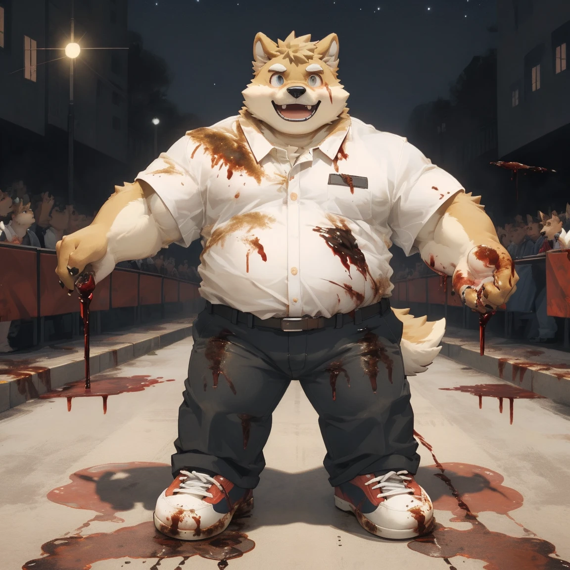 masterpiece, best quality, 8k resolution, Very detailed, hairy,Shiba Inu,(Black hair),(((golden fur))),(((Blood red eyes))),Chubby,Chubby face,(((White shirt))),(((Loose shirt))),((Black pants)),(((For the audience))),Highest quality scene,(((Solitary))),(((solitary))),Upright,portrait,((Hand drooping normally)),((Night)),((bloody)),((Face-to-face)),(((Eyes on me))),(((The eyes are empty))),(((Round face))),(((Smiling evilly))),(((Blood all over))),(((canvas shoes))),(((Standing)))