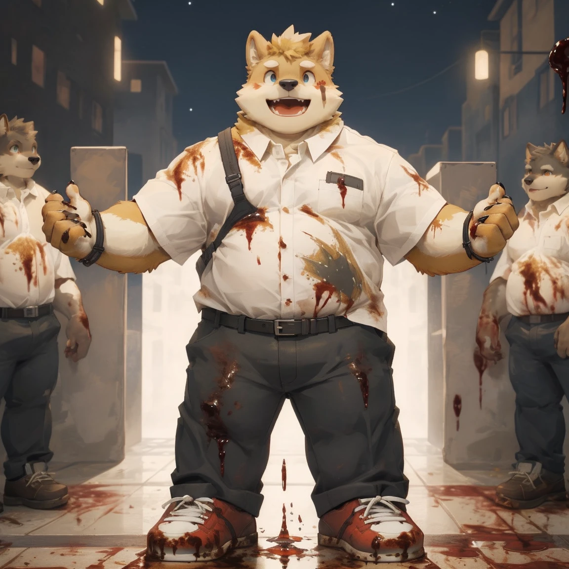 masterpiece, best quality, 8k resolution, Very detailed, hairy,Shiba Inu,(Black hair),(((golden fur))),(((Blood red eyes))),Chubby,Chubby face,(((White shirt))),(((Loose shirt))),((Black pants)),(((For the audience))),Highest quality scene,(((Solitary))),(((solitary))),Upright,portrait,((Hand drooping normally)),((Night)),((bloody)),((Face-to-face)),(((Eyes on me))),(((The eyes are empty))),(((Round face))),(((Smiling evilly))),(((Blood all over))),(((canvas shoes))),(((Standing)))