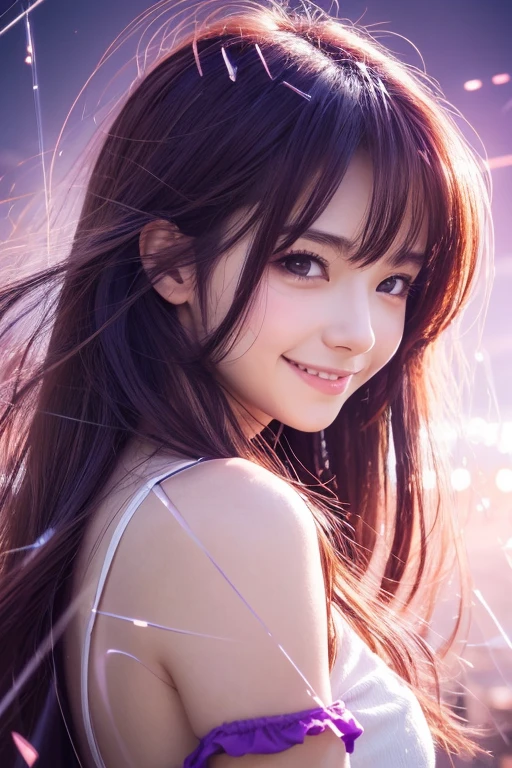 (anime),(cute)(masterpiece), (Highest quality),One girl,Upper Body,(Double exposure:1.2),(Simple Background:1),Bold、clear、PURPLE-Red、COOL-Smile、Natural、Clear、Turn、 (Movie angle),(Dynamic Angle),Disheveled long hair,(Low contrast),(Flat Color:0.7)