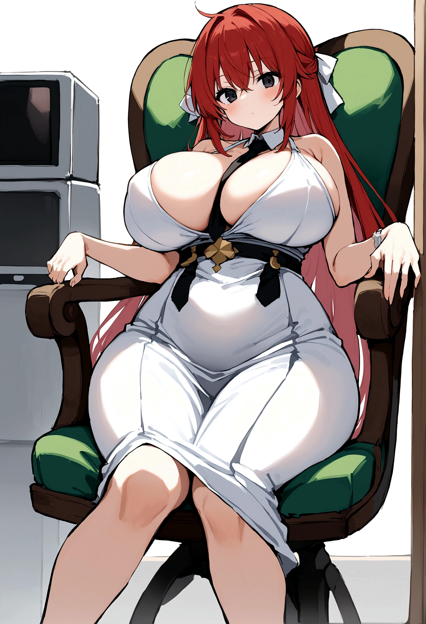 My name is Hikaru, I am a white test doll with long red hair and black eyes. I am 1.60 cm tall and weigh 46 kg. My breast sizes are 300 cm, my waist is 60 cm and my hips are 200 cm. Dressed in a tight white dress,sitting on a chair. With big breasts 300 cm