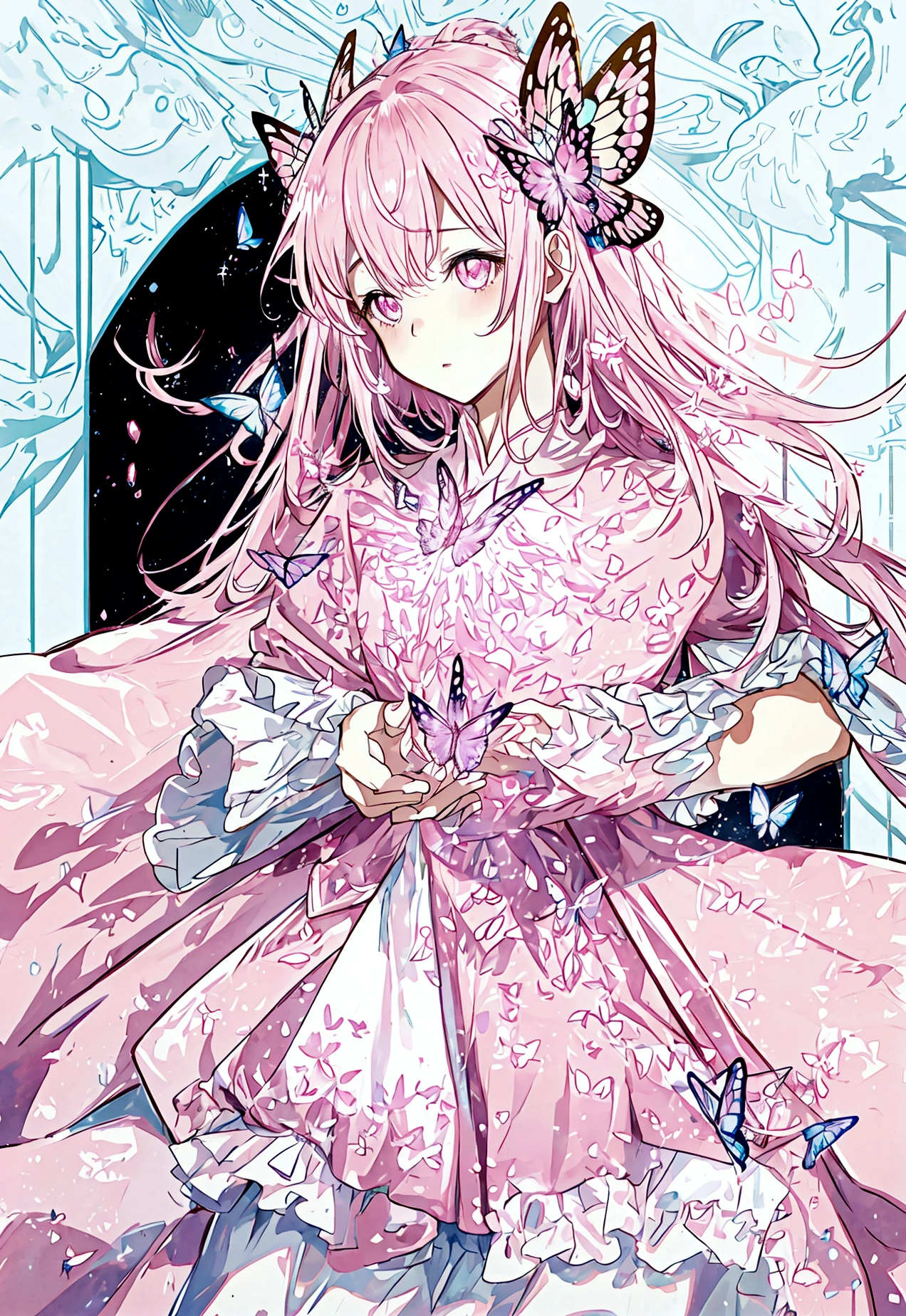 Light pink,magic, Shining eyes,Long hair,sparkling,magic少女,Butterfly