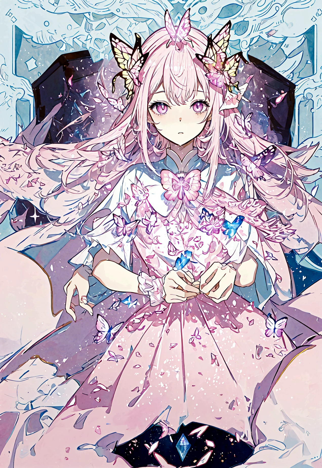Light pink,magic, Shining eyes,Long hair,sparkling,magic少女,Butterfly