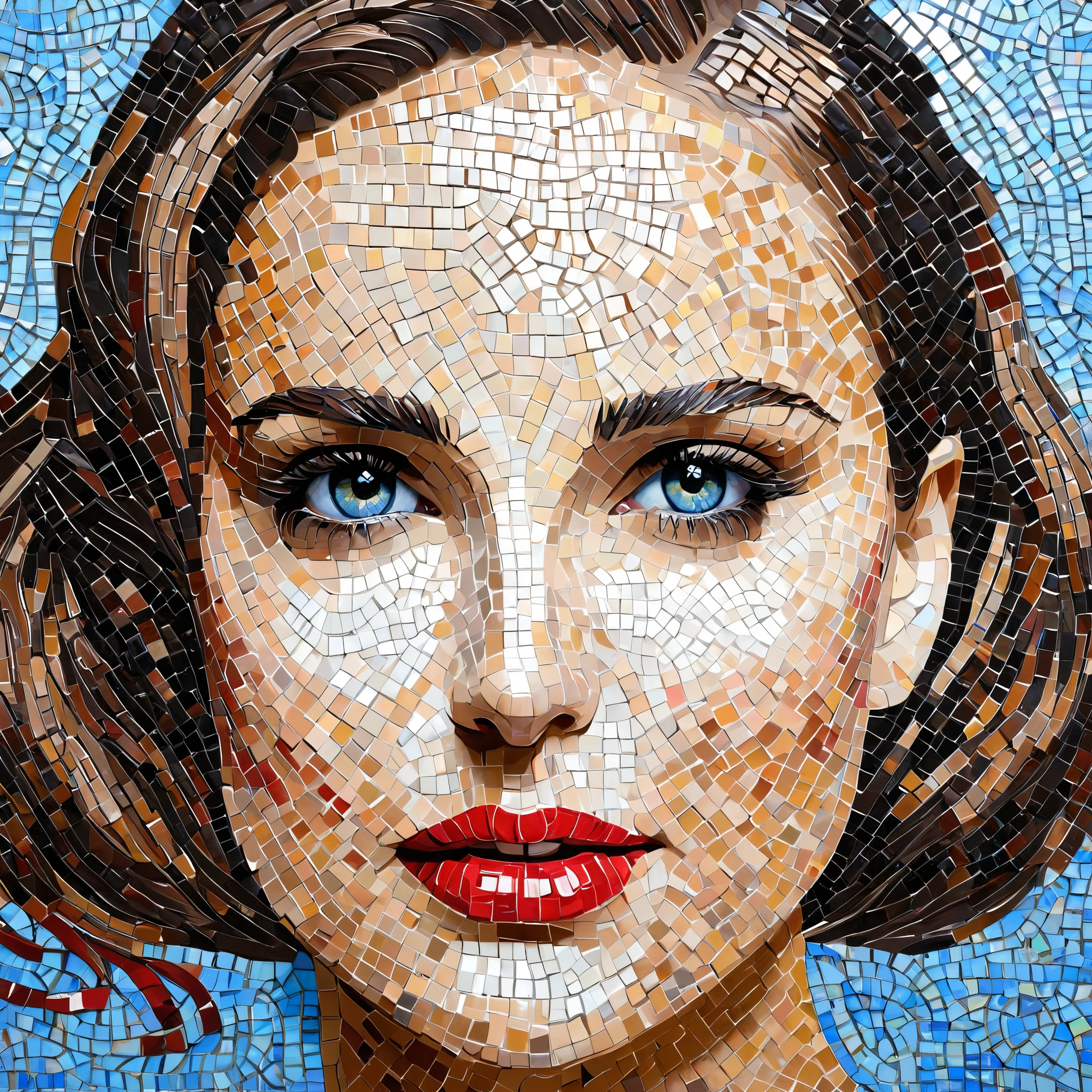 mosaic three quarters view impressionist portrait of Natalie Portman, ribbons of mosaic tiles cover entire surface of painting including eyes, eye brows, lips, nose, and hair