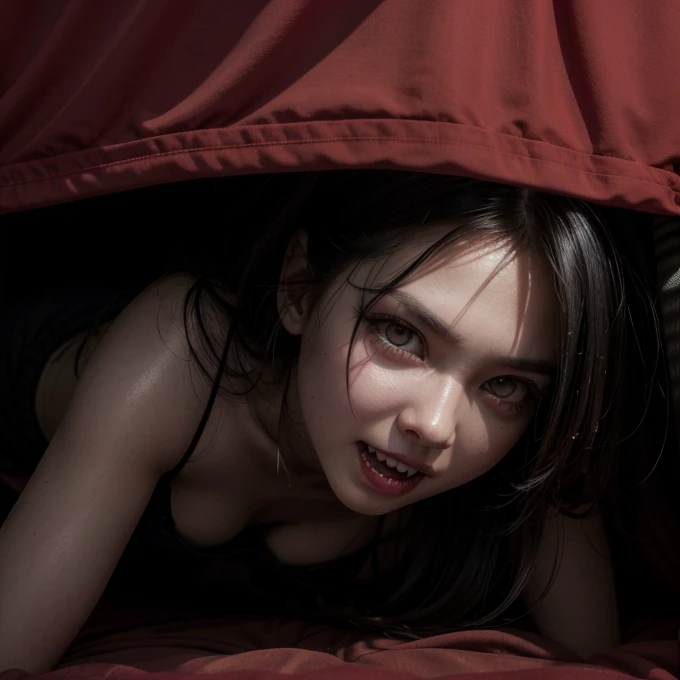Creepy woman, sharp teeth, glowing red eyes, under the bed
