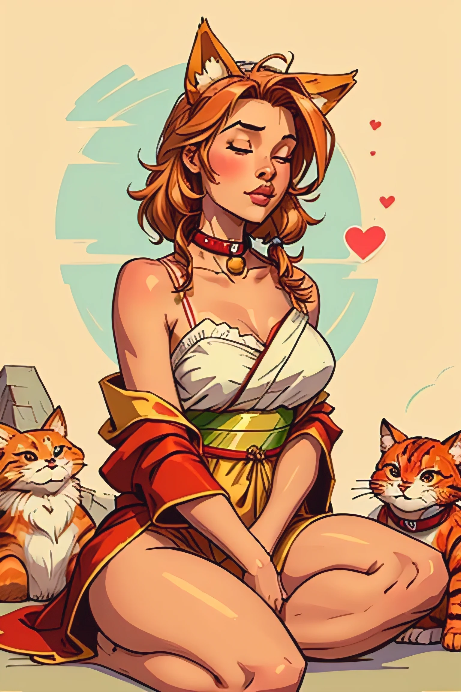 1 mascot cat character, resembling a friendly tabby cat, sitting in a relaxed meditation posture, exuding warmth and tranquility, wearing a cute collar and red robe with golden kesa, dressed in a cute and gentle Buddha-like attire, (Masterpiece:1.25), (best quality:1.25), (high-definition:1.1)