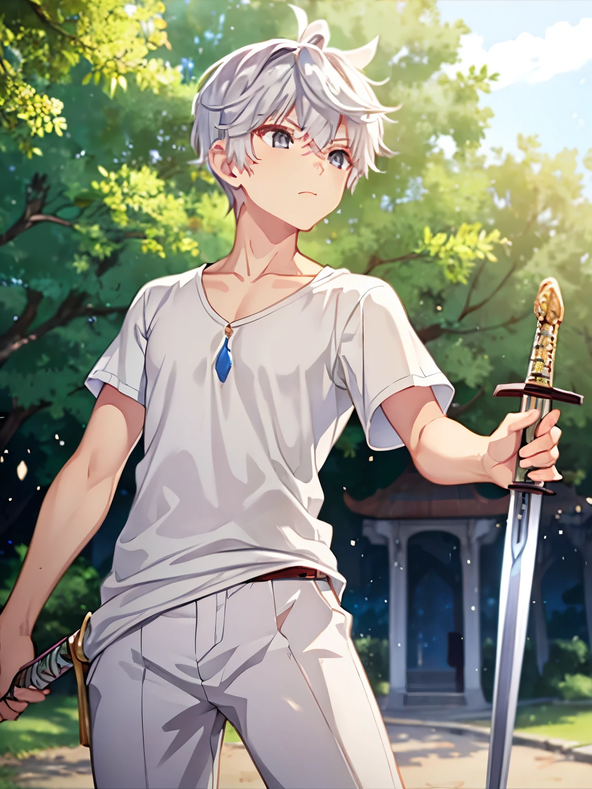  1boy, solo, male focus, lugh_tuatha_de, grey hair, grey eyes, short hair, hair between eyes, bangs, Short white t-shirt, white shorts, standing in the park, holding a sword, camera angle from below, swinging the sword at the viewer