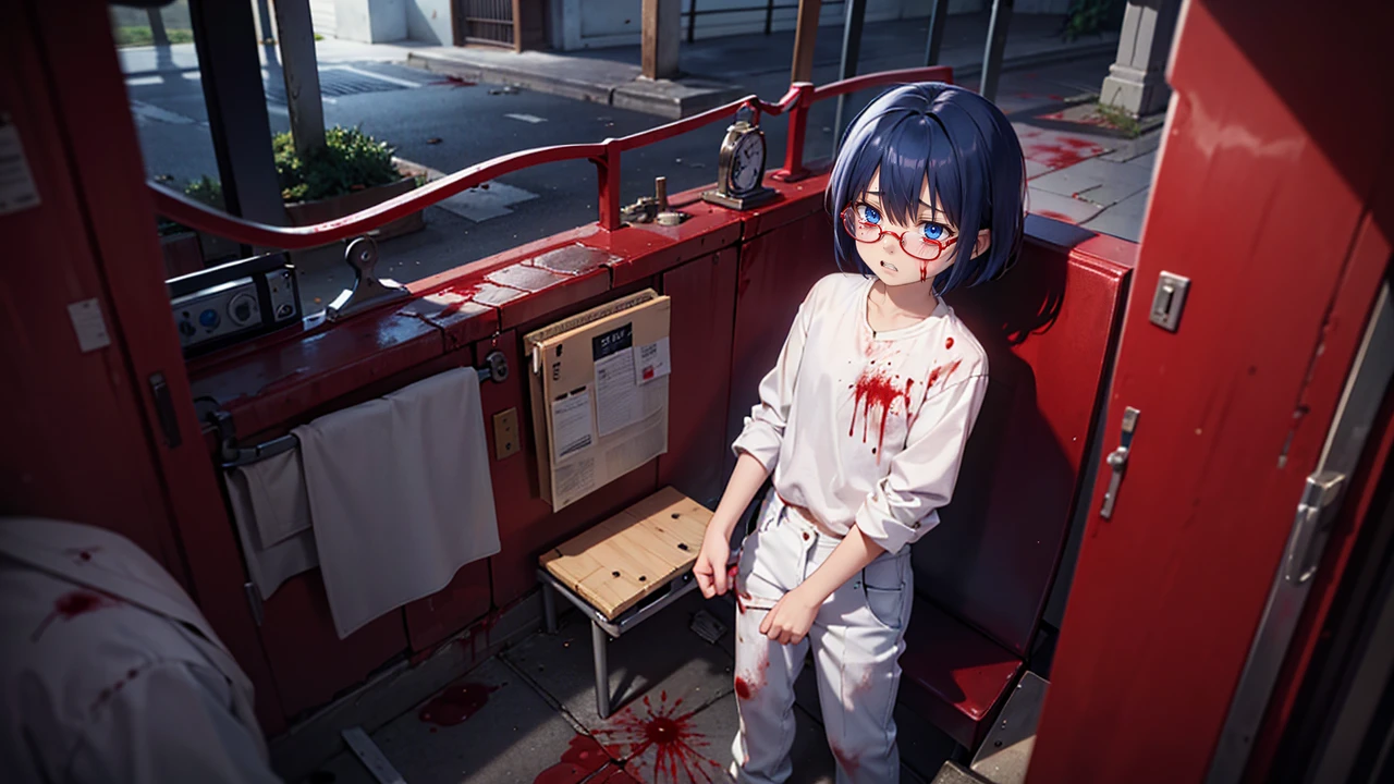 Dark blue hair, short hair, dark blue eyes, white shirt, white pants, baggy pants, shirt tucked in, red glasses, small, short, little, young, flat, standing, outside, night, feminine, sitting down, sitting on ground, beaten, bruised, blood, stained clothes, hurt, injured, bleeding, scarred, hurting, blood on clothings, blood stains, tears, messy hair, broken glasses, dead, broken teeth, swolen face, swolen eyes, death, killed