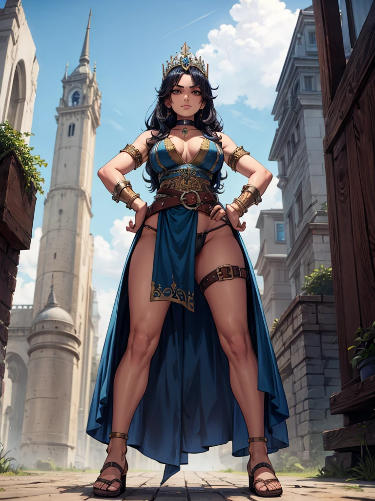 full body whole body 1sologirl loincloth standing warrior proud expression, hands on hips, loincloth standing, hands on hips, metal sandals, choker, big belt, view from below, feet together, bracers, tiara, sultry look, seductive