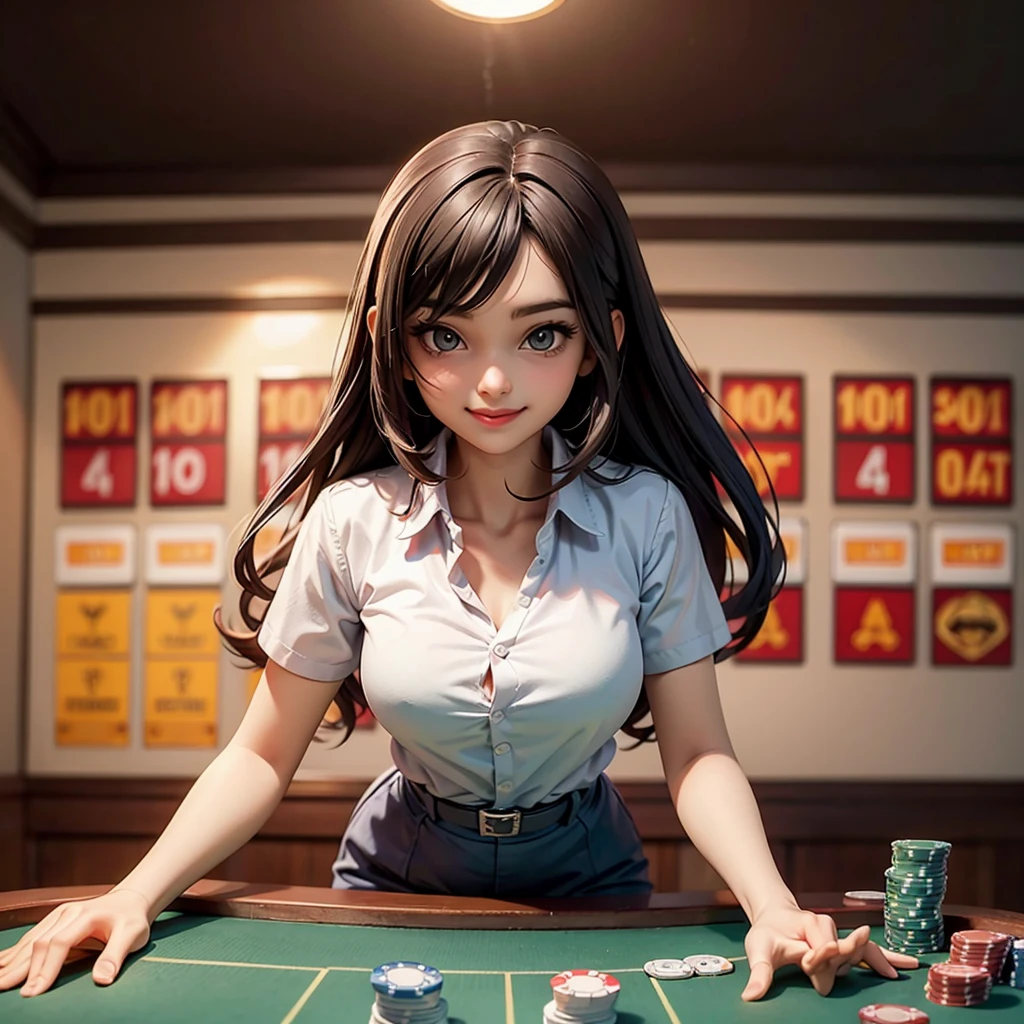(masterpiece, best quality, high resolution), 19 years old, only one indonesia school girls only, standing and teasing, perfect eyes, laugh, sitting on poker table, gambling, slot machine, baccarat, roulette, customer service, happy smile