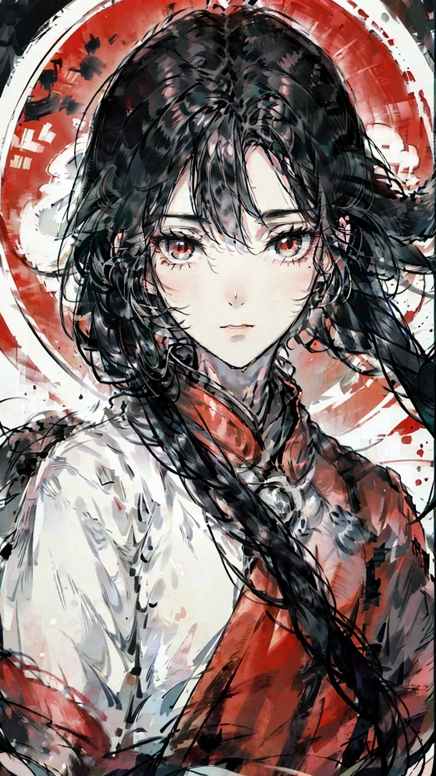 Mature girl, black hair, floating hair, delicate eyes, red pupils, black and red antique damask hanfu, FOV, f1.8, masterpiece, complex scene, gorgeous portrait shot