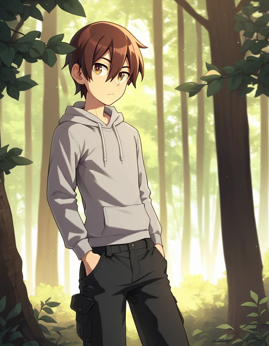 man, slim body, solo, with a serious look, light gray hoodie, black cargo pants, long sleeves, baggy, dark brown hair, medium hair, hair between eyes, brown eyes, well detailed, highest quality, forest, day, score_9, score_8_up, score_7_up, score_6_up, score_5_up, score_4_up