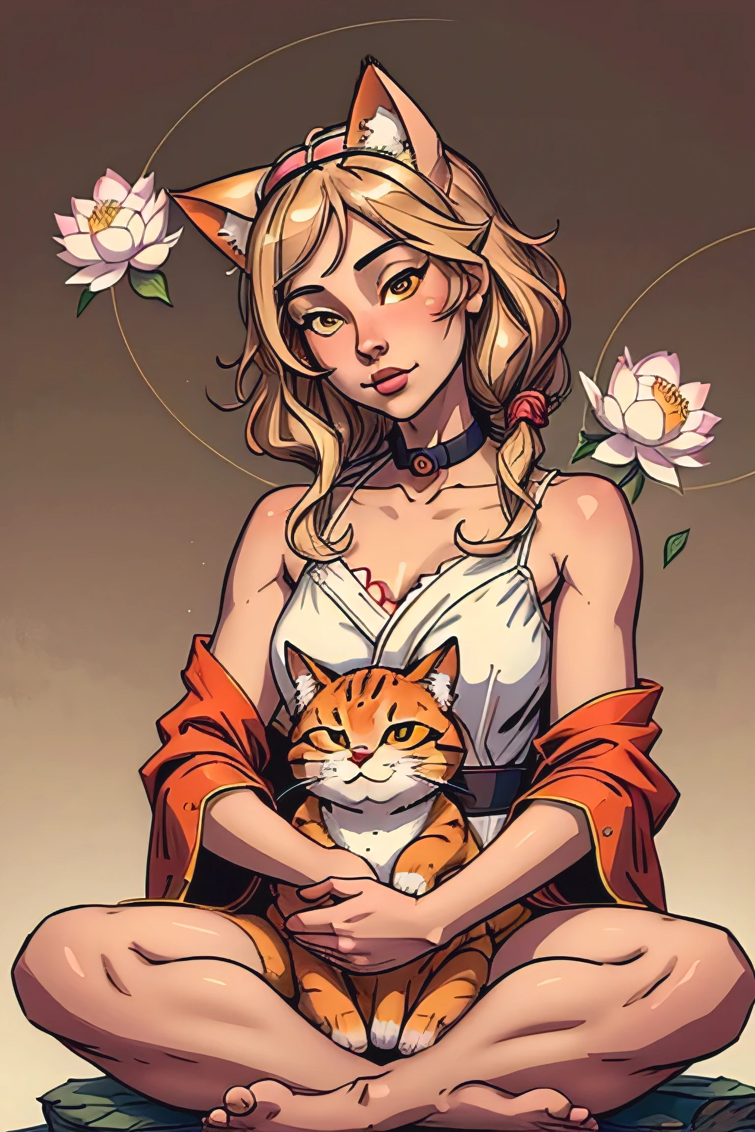 1 mascot cat character, sitting, relaxed, exuding warmth and tranquility, calm expression, fluffy fur, brown tabby pattern, wearing a cute collar and red robe with golden kasaya, peaceful background with a Buddha, cat sitting at Buddha's lap, lotus flowers, soft pastel colors, animation style, high quality, heavenly light effects, (Masterpiece:1.25), (best quality:1.25), (ultra-detailed:1.1), (adorable:1.1), (kawaii style:1.1), (high resolution:1.2)