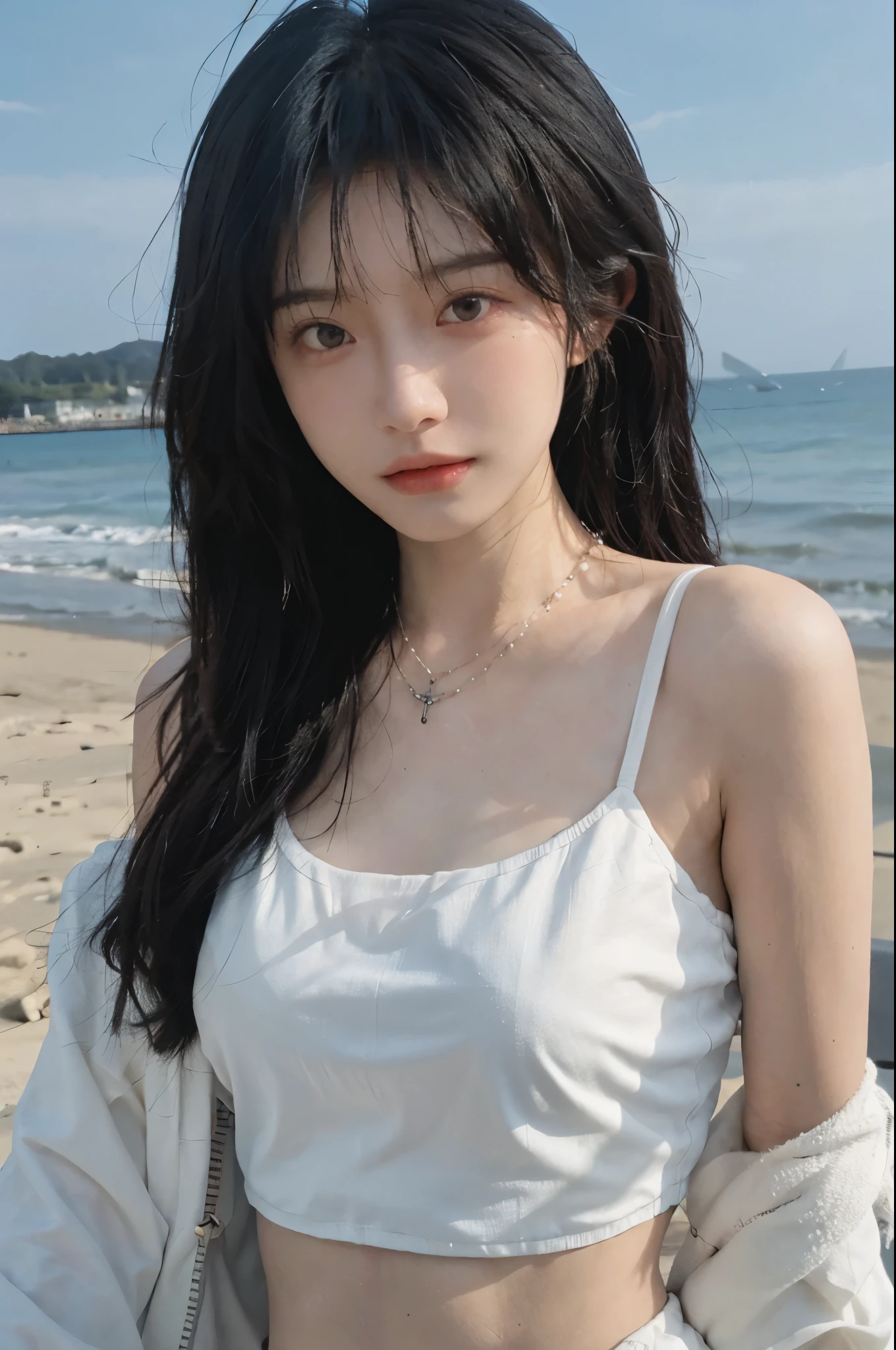 Best quality,Ultra-high resolution,(lifelike:1.4),Cute hairpin,1girll,Long curly hair,jk,Blush,Slim beauty:1.4,Visible abdominal muscles,on the beach,Ultra-fine face,Exquisite eyes,Double eyelids,necklace