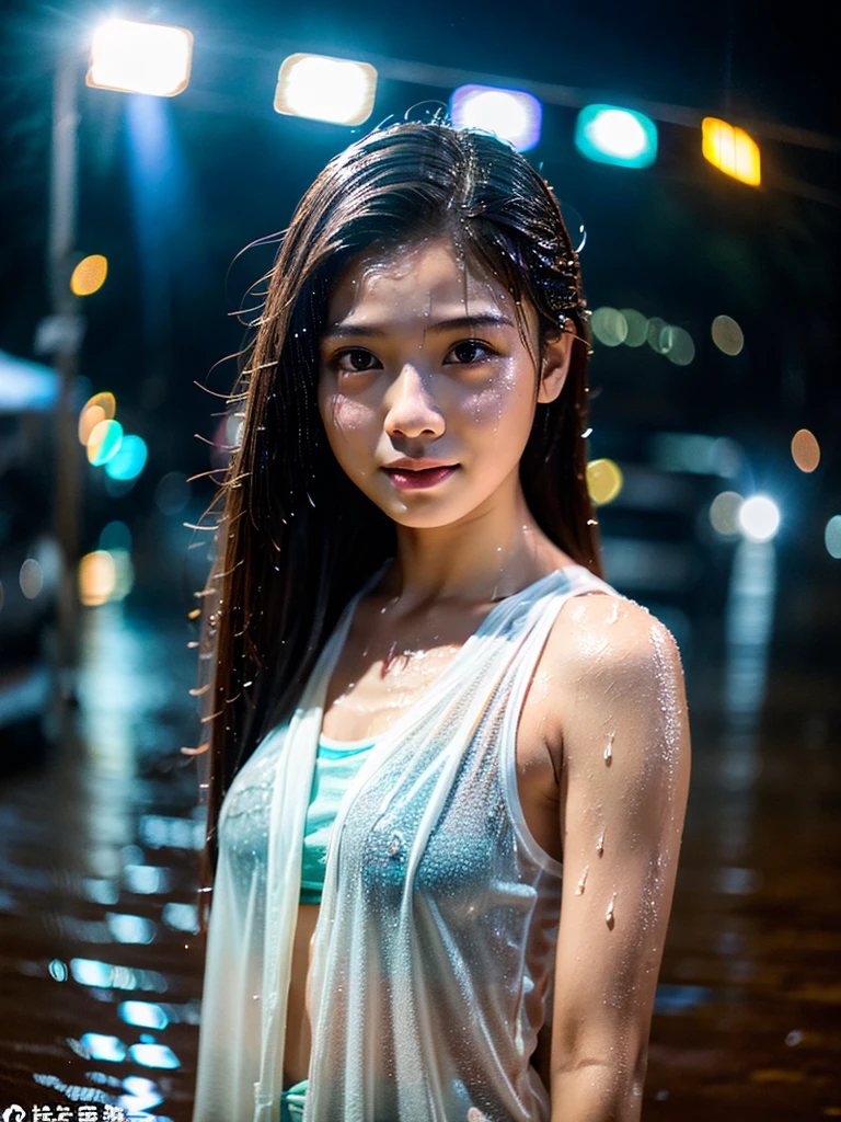 songkran,Wet roads , soaked through,drenched, Dripping, Wet Face,Wet clothes, Wet Skin, Wet Hair,A young woman with a cute face like an idol,chest,((Daytime)),(Cinema lighting),(High level of artistry),RAW Photos,Genuine,Genuine,High resolution,RAW Photos,masterpiece, beautiful