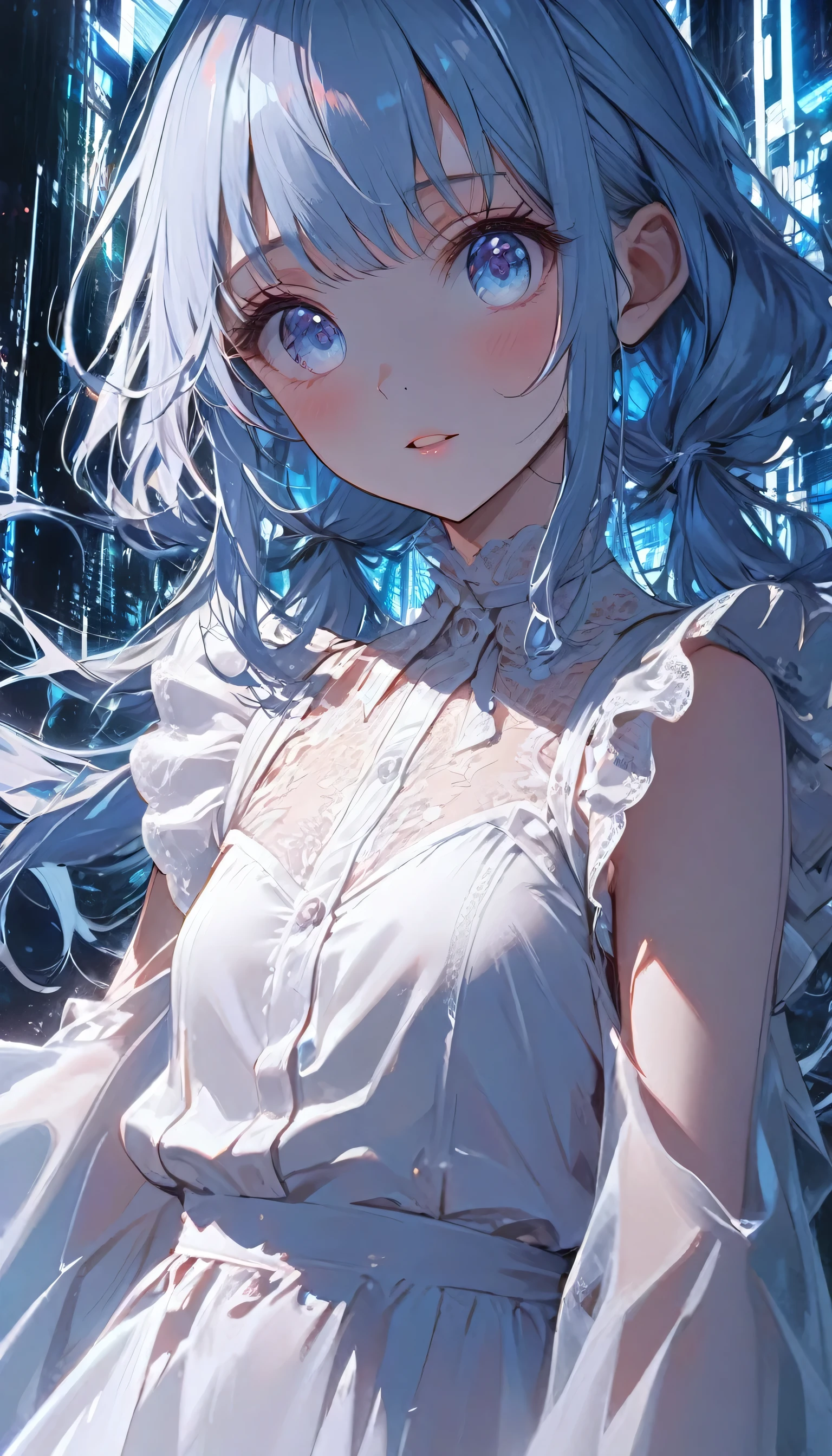 (best quality:1.2),(solo:1.3),(1girl:1.3),(:1.2),standing,(silver long hair),(sidelocks:1.0),(eyes blue eyes:1.2),Tucked Flared Lace see-through Blouse, (ASCII stereogram:1.5), upper body, profile