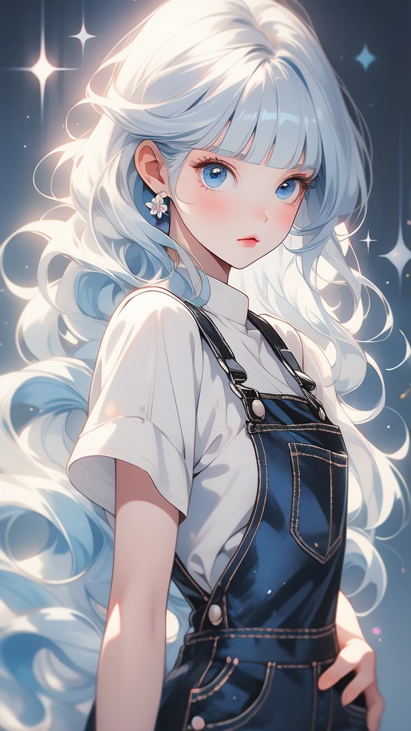 girl wearing a Black sundress, tight, simple anime style Woman. Flower drawing on sequin overalls. Glossy white lips with sequins. Blunt bangs, White hair, long hair, blue eyes, solo,