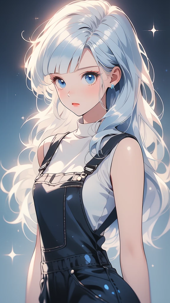 girl wearing a Black sundress, tight, simple anime style Woman. Flower drawing on sequin overalls. Glossy white lips with sequins. Blunt bangs, White hair, long hair, blue eyes, solo,