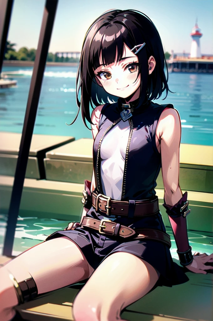 Anime, flat , (Ellen 18-years-old, short dark layered hair, Brown-eyed, small breast:1.0), hair clips 
Fantasy Rogue outfit, belt, spread legs, sitting, smirk , groin , fantasy seaside park 