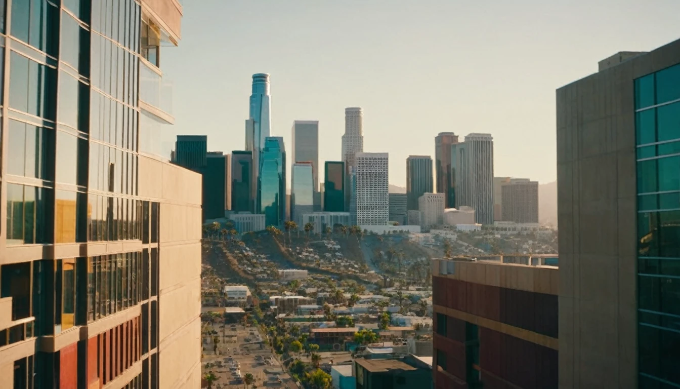 The cinematic traversal camera captures a skyline view of Los Angeles, California in 3060 morning time.The camera is travelling through above the dysoptian futuristic megacity there are different styled buildings : many different colored materialed and shaped complex constructioned houses and skyscrapers in the background, bustling city with highly intricate details and photorealistic materials.Photorealistic Reflections.Natural lights, neutral colors, lomochrome,dramatic, dynamic composition. Consistent structure of the buildings, static environment,consistent movement of the camera.Contrast lighting, volumetric lighting, best shadows,sharp focus, depth pf field, Realism, Cinematic, Photoreal,Panavision 70s movie styled in color, celluloid, uhd, hdr, 4k, 35mm film Screengrab a 1950s Super Panavision 70 film, in color. Best shadows, best quality. Lifelike textures, sharp focus, depth of field, realism, photorealism, vintage color tones, cinematic lighting, contrast lighting, soft front light, insanely intricate details, hdr, uhd, 8k, 35 mm film, analog camera shot.