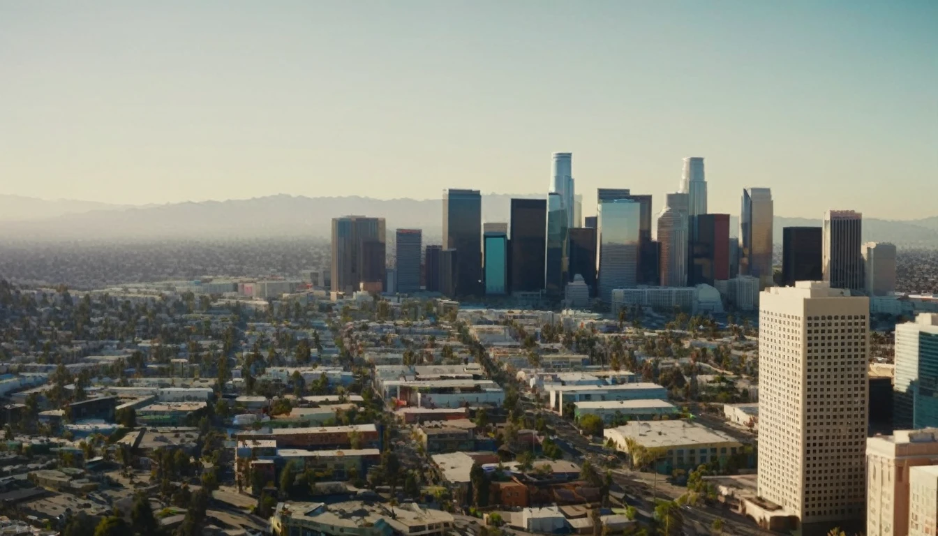 The cinematic traversal camera captures a skyline view of Los Angeles, California in 3060 morning time.The camera is travelling through above the dysoptian futuristic megacity there are different styled buildings : many different colored materialed and shaped complex constructioned houses and skyscrapers in the background, bustling city with highly intricate details and photorealistic materials.Photorealistic Reflections.Natural lights, neutral colors, lomochrome,dramatic, dynamic composition. Consistent structure of the buildings, static environment,consistent movement of the camera.Contrast lighting, volumetric lighting, best shadows,sharp focus, depth pf field, Realism, Cinematic, Photoreal,Panavision 70s movie styled in color, celluloid, uhd, hdr, 4k, 35mm film Screengrab a 1950s Super Panavision 70 film, in color. Best shadows, best quality. Lifelike textures, sharp focus, depth of field, realism, photorealism, vintage color tones, cinematic lighting, contrast lighting, soft front light, insanely intricate details, hdr, uhd, 8k, 35 mm film, analog camera shot.