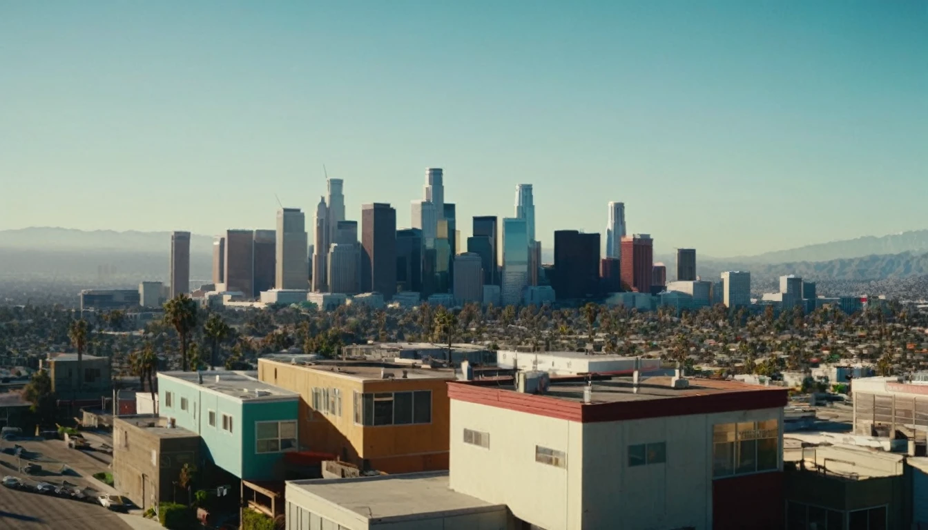 The cinematic traversal camera captures a skyline view of Los Angeles, California in 3060 morning time.The camera is travelling through above the dysoptian futuristic megacity there are different styled buildings : many different colored materialed and shaped complex constructioned houses and skyscrapers in the background, bustling city with highly intricate details and photorealistic materials.Photorealistic Reflections.Natural lights, neutral colors, lomochrome,dramatic, dynamic composition. Consistent structure of the buildings, static environment,consistent movement of the camera.Contrast lighting, volumetric lighting, best shadows,sharp focus, depth pf field, Realism, Cinematic, Photoreal,Panavision 70s movie styled in color, celluloid, uhd, hdr, 4k, 35mm film Screengrab a 1950s Super Panavision 70 film, in color. Best shadows, best quality. Lifelike textures, sharp focus, depth of field, realism, photorealism, vintage color tones, cinematic lighting, contrast lighting, soft front light, insanely intricate details, hdr, uhd, 8k, 35 mm film, analog camera shot.