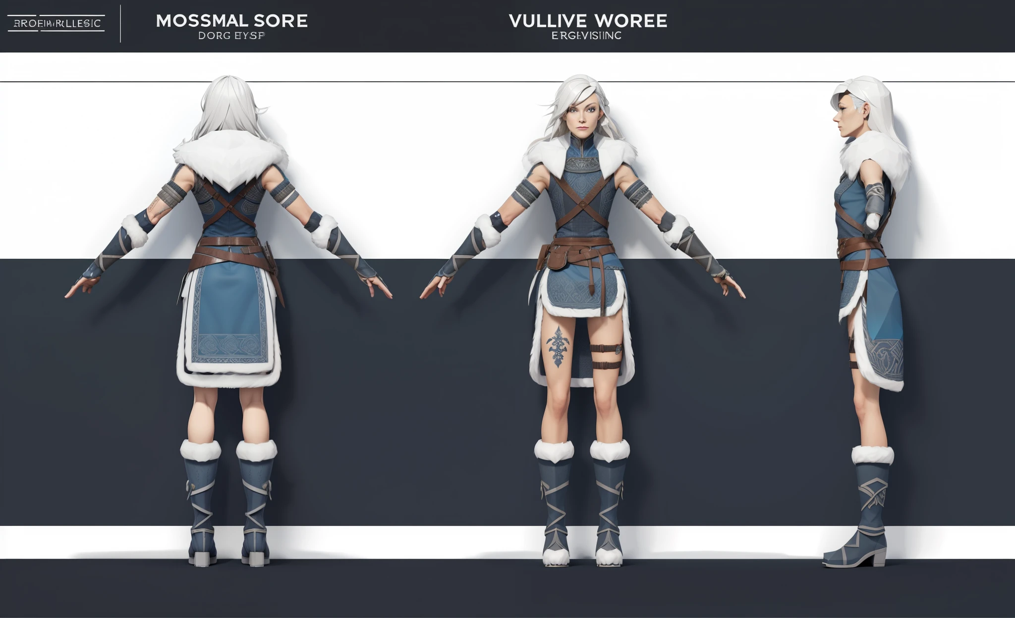 ( Realistic:1.33),(masterpiece:1.1),(highest quality:1.1),(HDR:1) a close up of a Viking woman warrior wearing armor and fur coat with rune tattoos , full body concept, detailed full body concept, Mulher guerreira viking com olhos azuis e cabelo loiro platinado, full body character concept,costume concept design, full body details, detailed full body concept art, full character body, character model sheet turnaround, fullbody shot turnaround, concept character sheet, full body concept art, reference model sheet , full body concept art, RPG style character, game character design, 3d character reference sheet, male, video game character concept, detailed character design, character sheet, character model sheet turnaround , front and back, front and back, grey clean background, 3D character, leather belt with leather knife bag, oceanblue cloth, blue hem with white fur, low poly art style, low polygon, ((low polygonal)), ((organic shapes and lines)), (((low poly art style))), perfect alignment, ((clear outline))