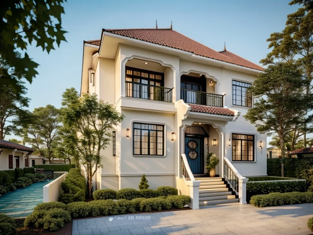 (Townhouse in city ,close houses and trees), (indochine style architecture) daylight ( best quality) ((high solution)) ,(( photo realistic)) ,warm light,  soft lighting, warm atmosphere,high Resolution, hyper detailed,4k ,vray render, octane render, hyper realistic, photography expert ,exterior design , professional photography, exterior photography,wide-angle shot , ultra detail , high Resolution , full frame, full body