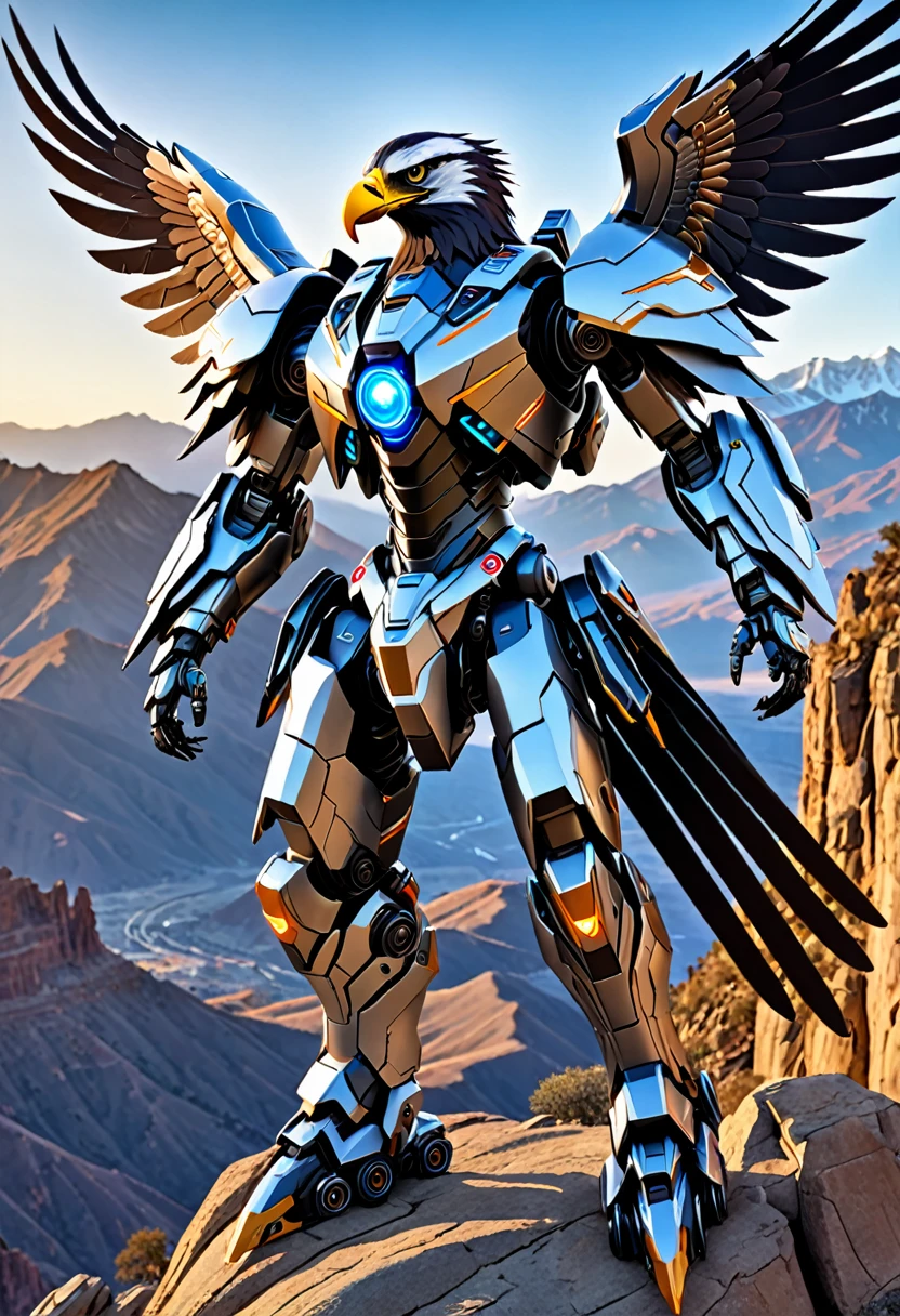 **Image Prompt:** "A futuristic Apache warrior, clad in a sleek mecha suit, stands proudly on a mountain cliffside, with a majestic eagle drone perched on his shoulder. The mecha's metallic body is adorned with intricate details and glowing blue accents, while the eagle drone's wings are spread wide, as if ready to take flight. The background is a stunning mountain range, with rugged peaks and valleys stretching out as far as the eye can see. The lighting is dramatic, with the warm glow of the setting sun casting long shadows across the landscape. The bokeh effect is subtle, with a soft focus on the mecha and the eagle drone, while the background is blurred, creating a sense of depth and dimensionality. The overall effect is one of hyper-realism, with every detail meticulously rendered in high-definition." **Image Specifications:** * Resolution: 3840x2160 pixels (4K) * Color Palette: Metallic blues and silvers, with warm earth tones and pops of bright colors from the mecha's details and the eagle drone's feathers * Style: Hyper-realistic, futuristic, and dramatic * Composition: The Apache warrior is centered in the frame, with the mountain cliffside stretching out behind him * Lighting: Dramatic, with a focus on the warm glow of the setting sun * Mood: Powerful, majestic, and awe-inspiring * Camera: DSLR camera with a wide-angle lens, capturing the stunning vista of the mountain range in the background This image prompt combines the rich cultural heritage of the Apache people with the futuristic design of a mecha suit and the majestic beauty of an eagle drone. The result is a hyper-realistic image that is both visually stunning and emotionally impactful.