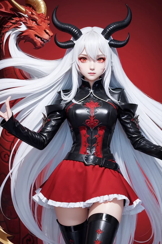 Create a highly detailed anime-style illustration of Noa, a young girl with long white hair, glowing red eyes with dragon-like pupils, and large goat-like horns with red patterns. She has a large bust and wears a gothic-style outfit with a black base and red decorations, featuring a long skirt with geometric patterns and an open chest area. She also has black armored boots that cover her knees. Her hair is voluminous, straight, and silver, with a shiny texture. She is in a [specific pose or scene], with a [background description]. The illustration should feature sharp lines (line thickness of 0.5px), vivid colors, and strong contrasts. The shading should be strong with a 70% opacity to provide a realistic three-dimensional look. The style should be smooth and vibrant anime art, matching the style seen in the reference images, with particular attention to the intricate details and high contrast of colors.