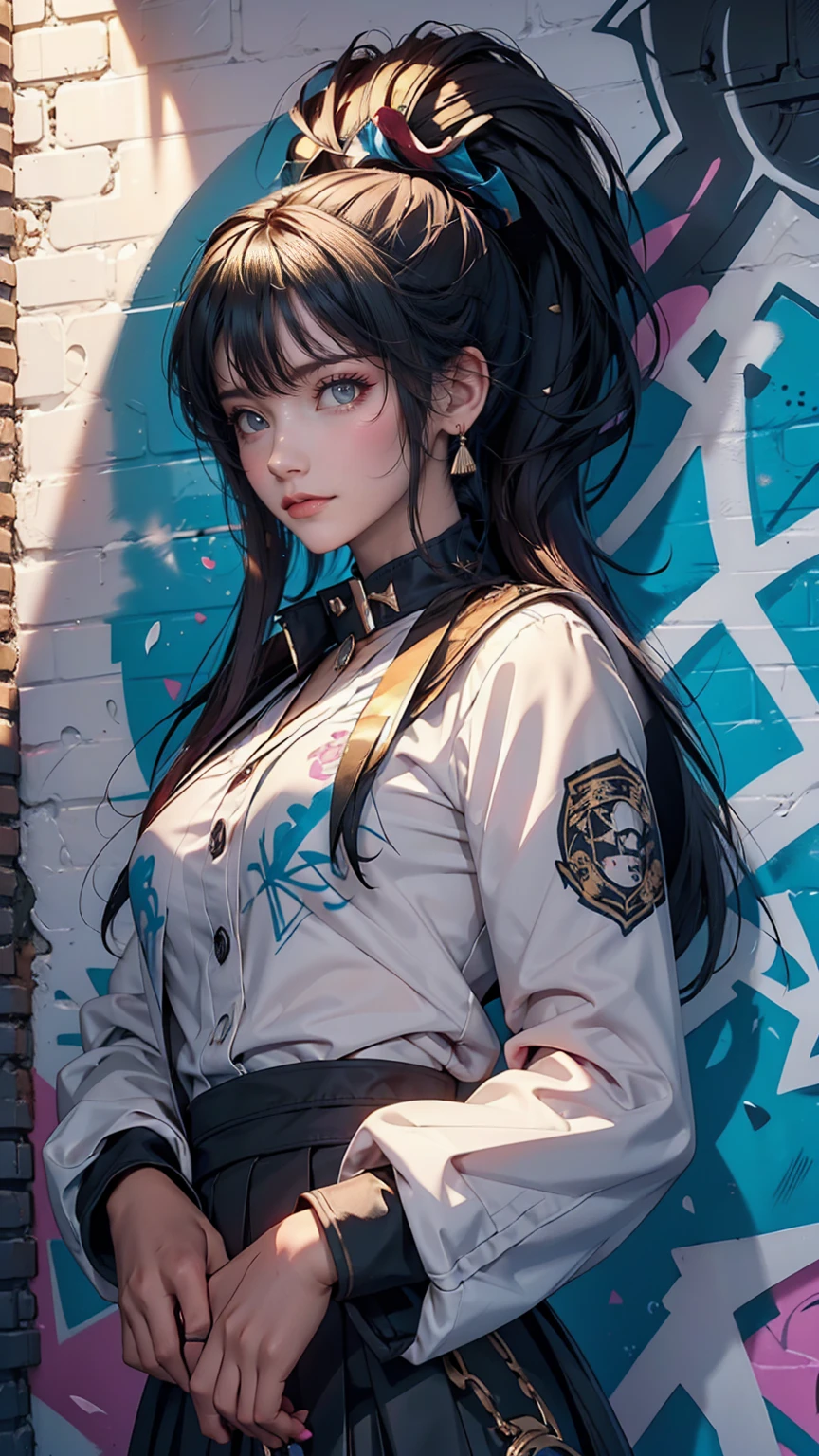 (Highest quality), masterpiece, Highly detailed CG uniform 8K illustrations, High collar, extremely High collar saturation, All the colors have deepened, paint, Graffiti art, Center Configuration, Highly detailed lights and shadows, Graffiti wall, wall painted bright, A girl's graffiti A girl is staring at the wall, Highly detailed face and eyes, Medium length hair, Micro Bikini((shocking pink)), Coloured Clouds、Sexy proportions、Sexy、Too much exposed skin