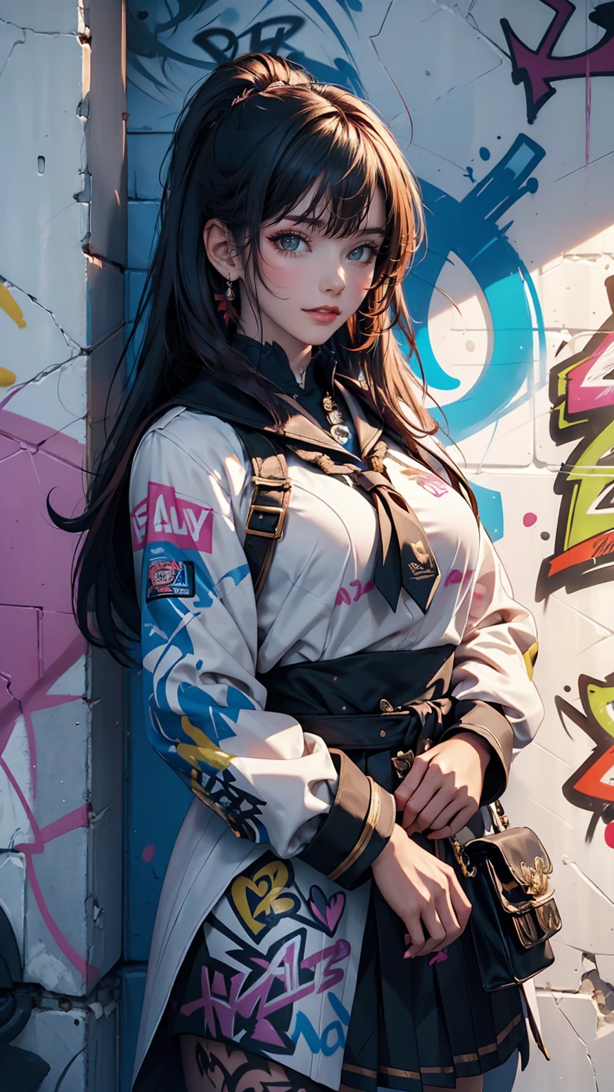 (Highest quality), masterpiece, Highly detailed CG uniform 8K illustrations, High collar, extremely High collar saturation, All the colors have deepened, paint, Graffiti art, Center Configuration, Highly detailed lights and shadows, Graffiti wall, wall painted bright, A girl&#39;s graffiti A girl is staring at the wall, Highly detailed face and eyes, Medium length hair, Micro Bikini((shocking pink)), Coloured Clouds、Sexy proportions、Sexy、Too much exposed skin