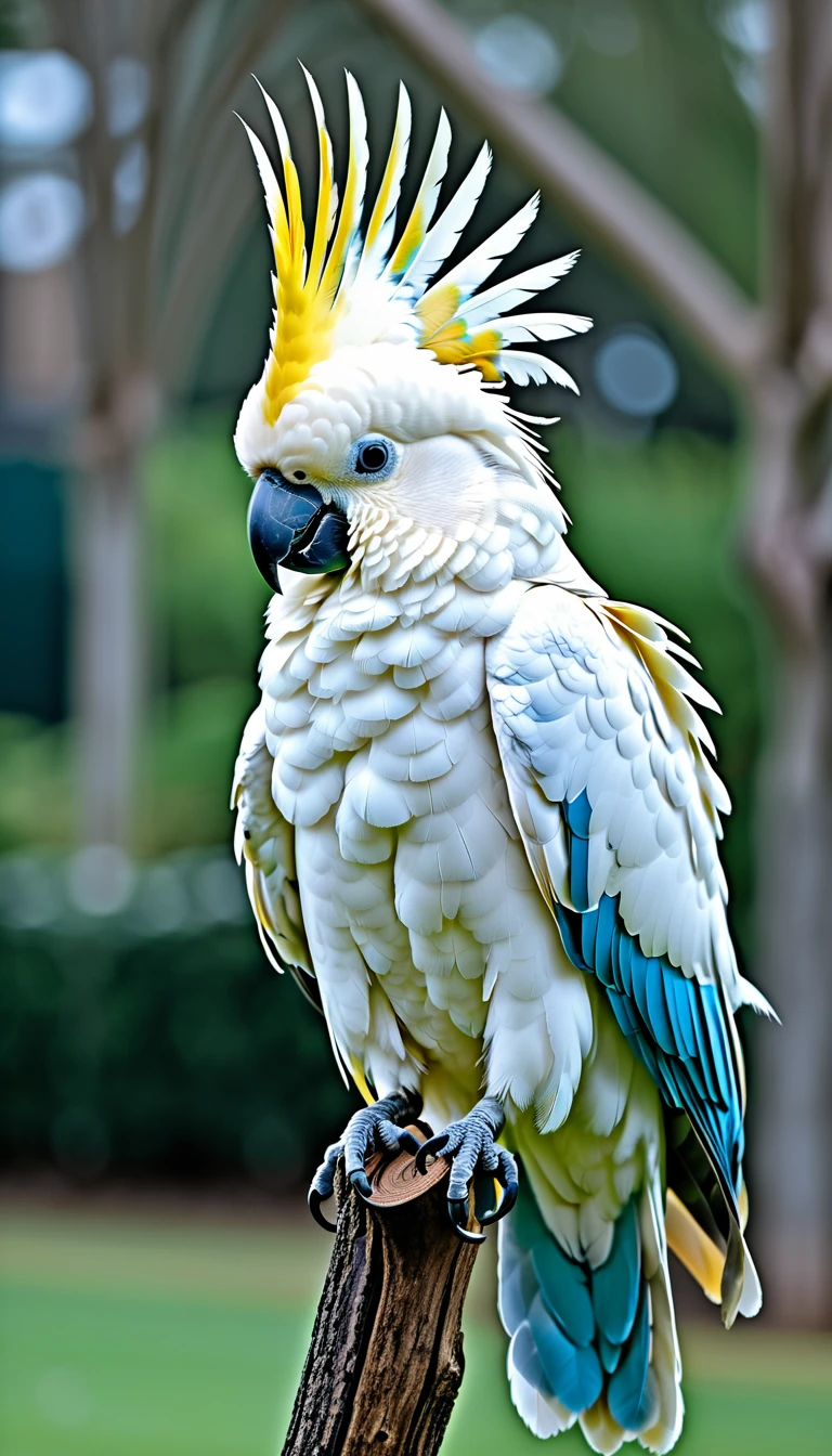 mage of white cockatoo, in the style of nikon af-s nikkor 70-200mm f/2.8e fl ed vr, dark yellow and light azure, avacadopunk, chinapunk, punctuated caricature, 32k uhd, uhd image --ar 3:2 --style raw --v 5.1